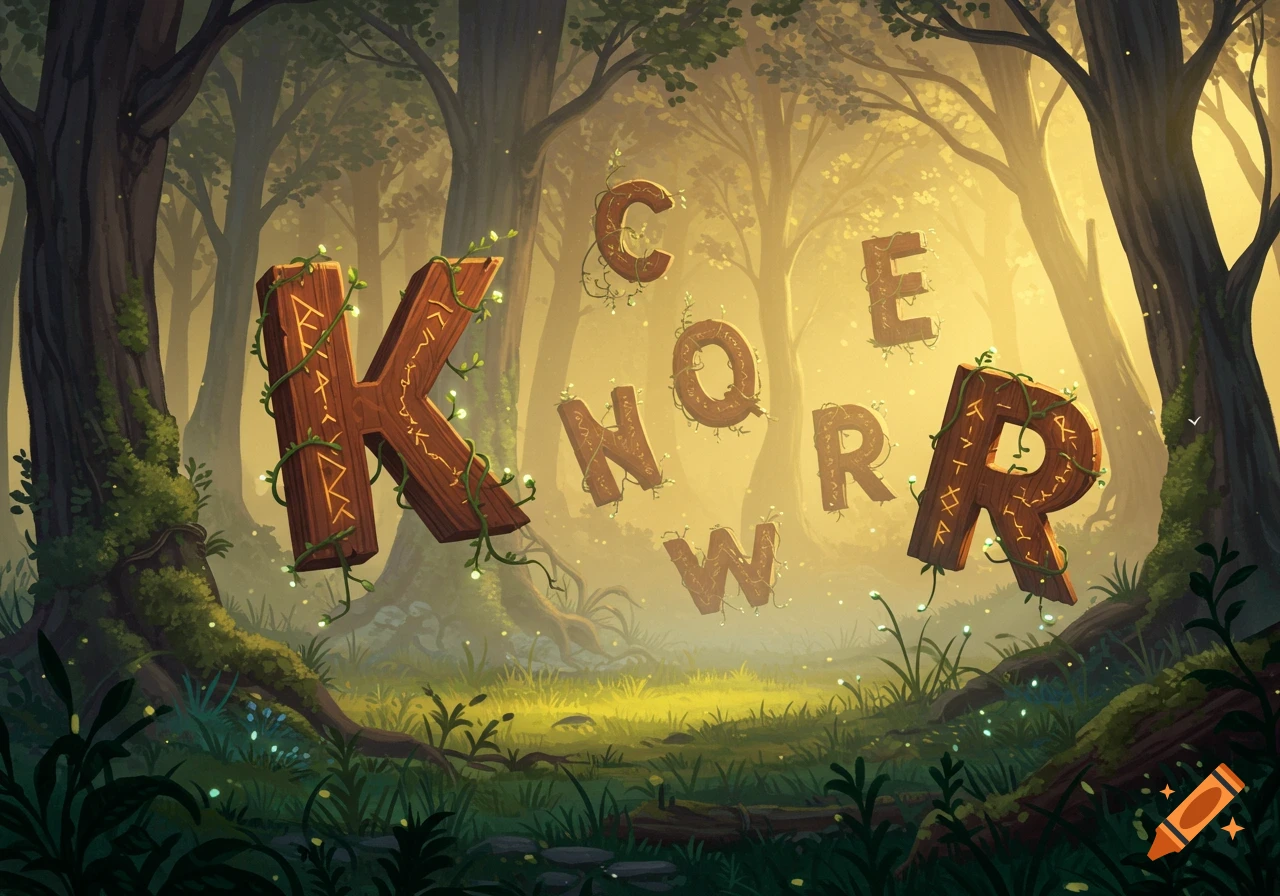 Illustrative wooden letters, K, N, O, W, C, Q, R, E, float amidst glowing vines in a mystical, sunlit forest.