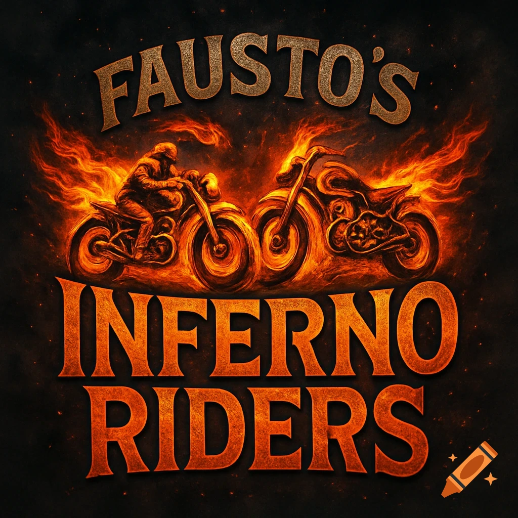 Fiery logo with two motorcycles and a rider engulfed in flames, displaying "FAUSTO'S INFERNO RIDERS" in bold, metallic text.