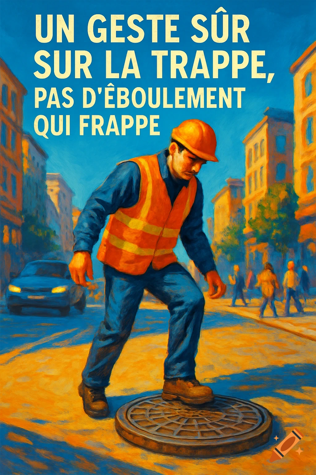 Digital painting of a construction worker in orange vest stepping on a manhole cover in a city street, with French safety text.