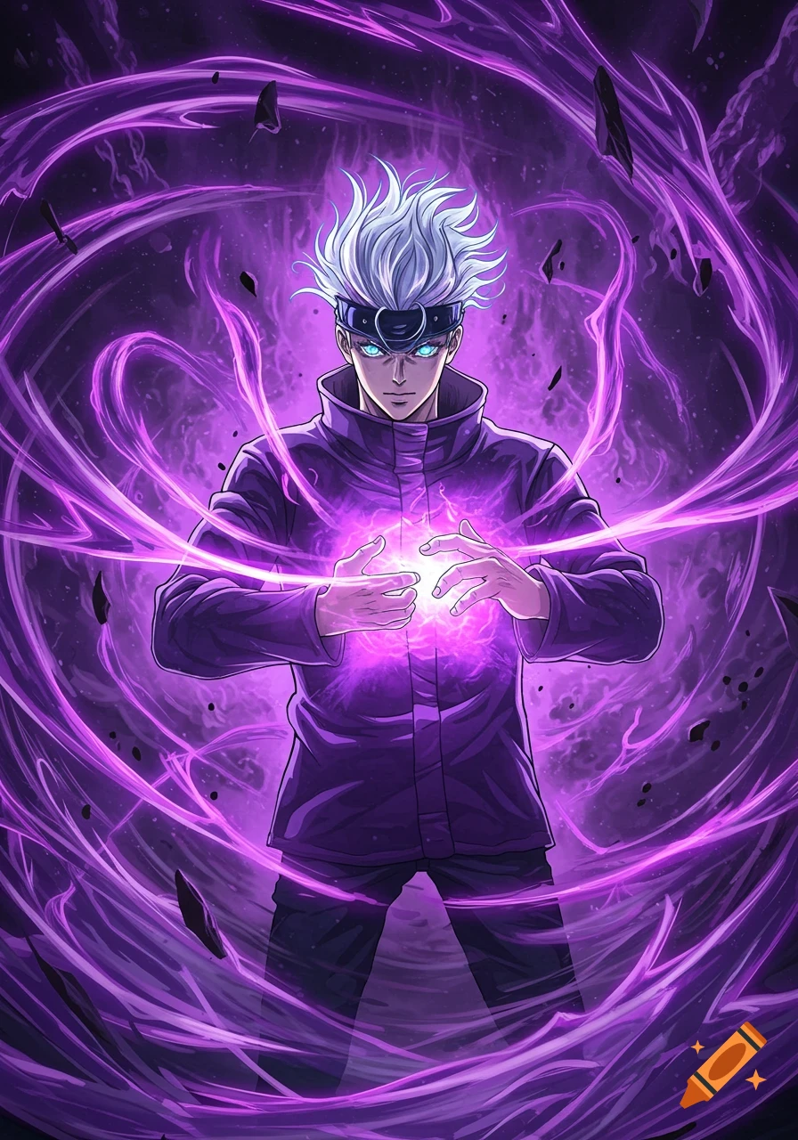 Anime character with white hair and glowing blue eyes, manipulating a ball of intense purple energy within a swirling purple aura.