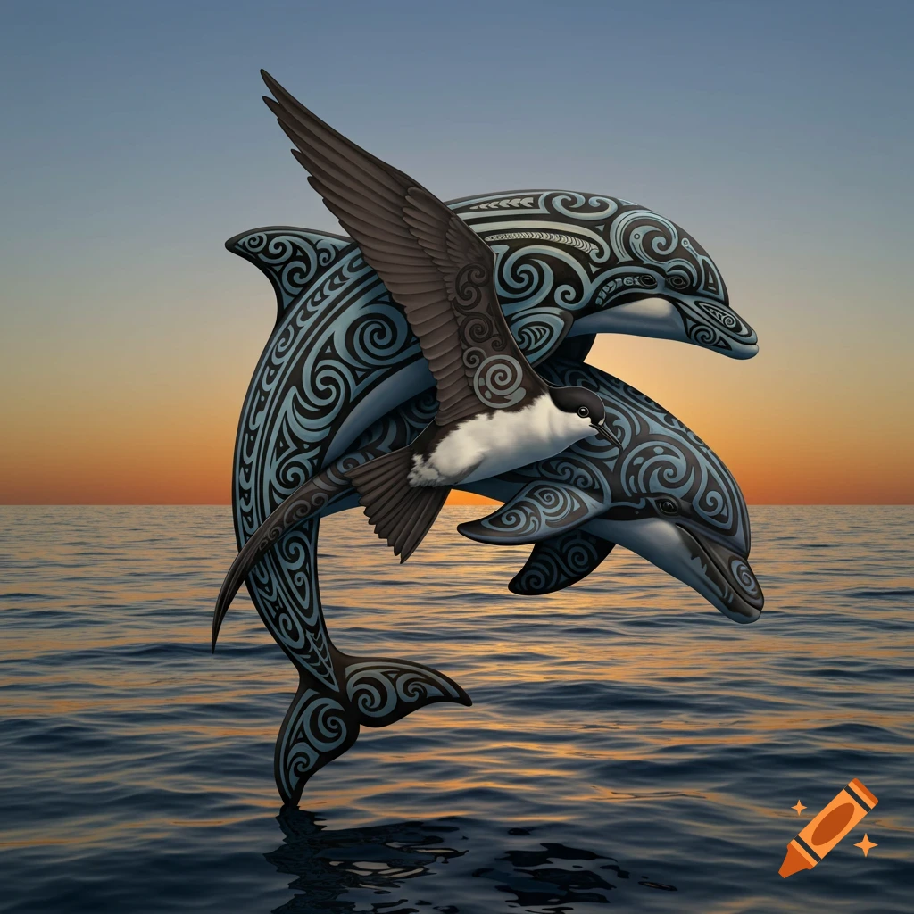 Two dolphins and a sooty shearwater bird, all adorned with Maori tribal patterns, leap from the ocean at sunset.