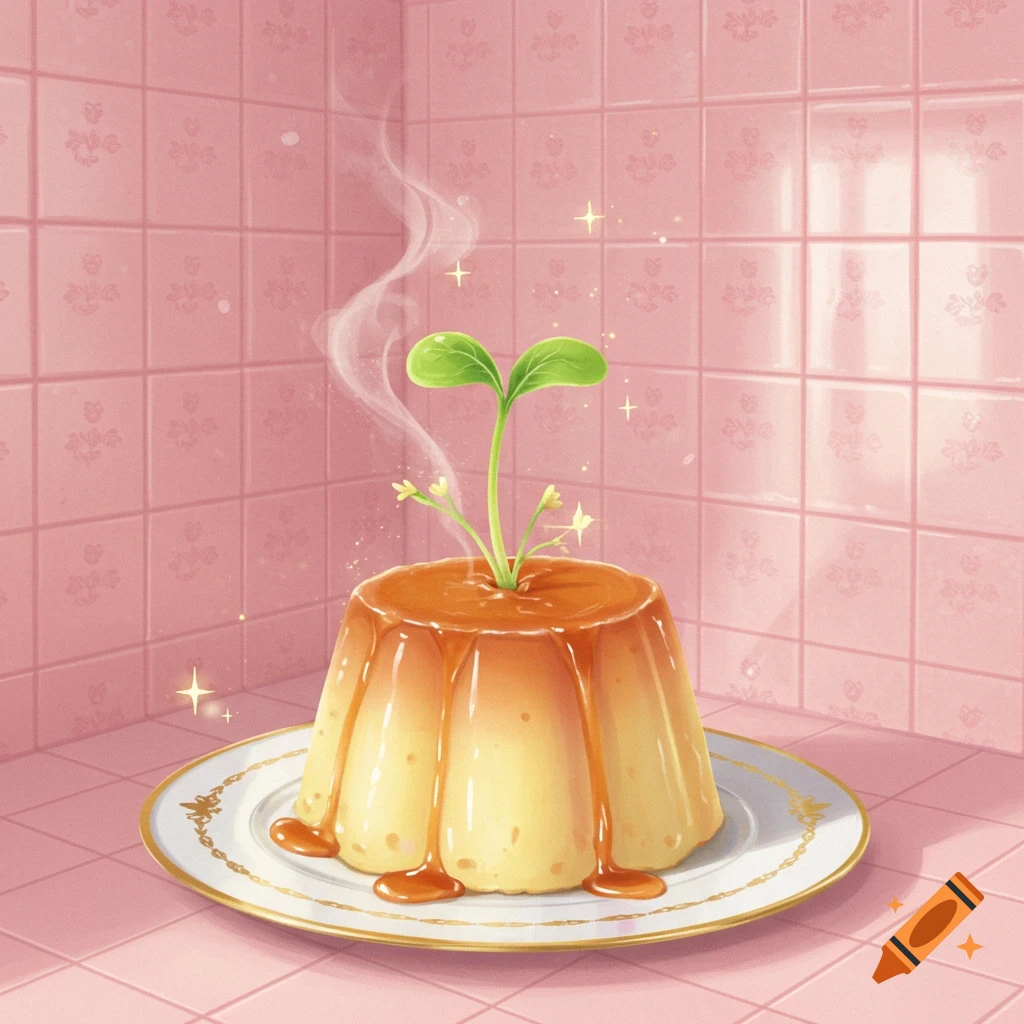 A cute illustration of a caramel flan pudding with a green plant sprout growing from its top, on a decorative plate in a pink tiled room.