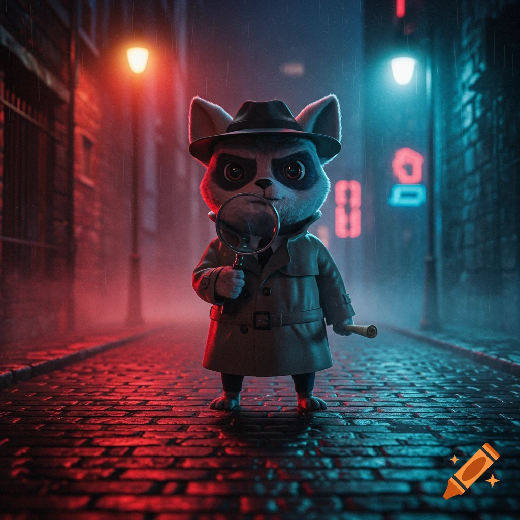 A cute anthropomorphic raccoon detective in a trench coat and fedora holds a magnifying glass on a rainy, neon-lit city street.