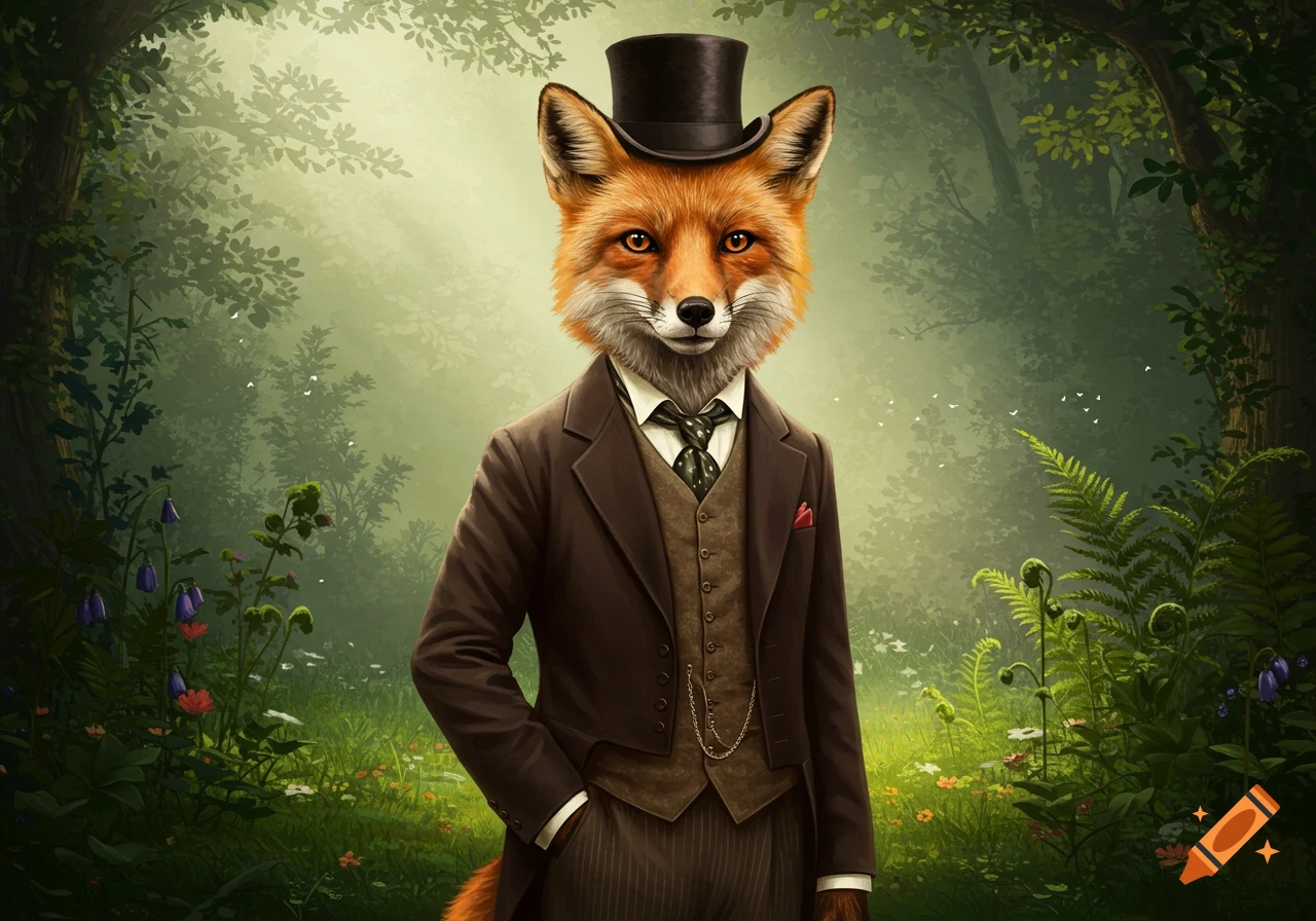 An anthropomorphic fox wearing a brown suit and a black top hat stands in a lush green forest.