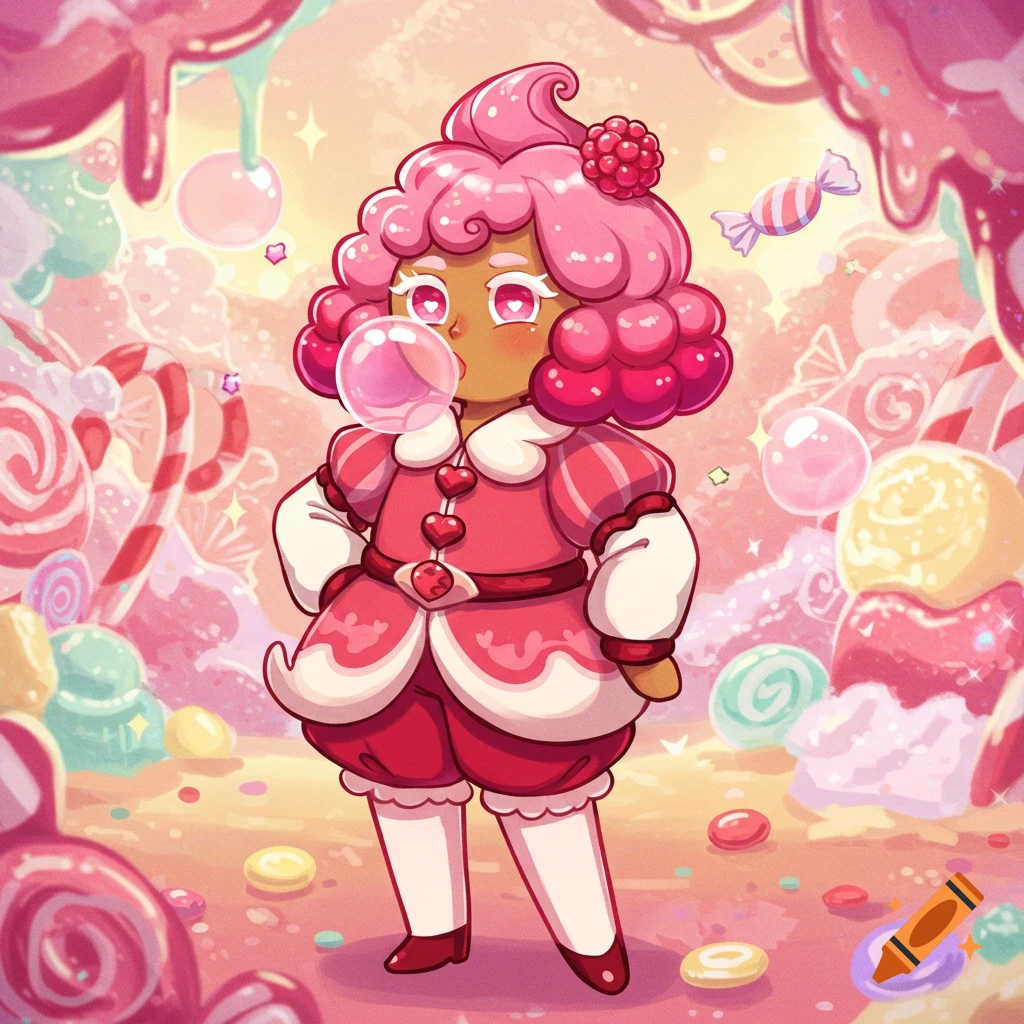 Cartoon character Raspberry Mousse Cookie from Cookie Run blowing a bubblegum bubble in a vibrant candy wonderland.