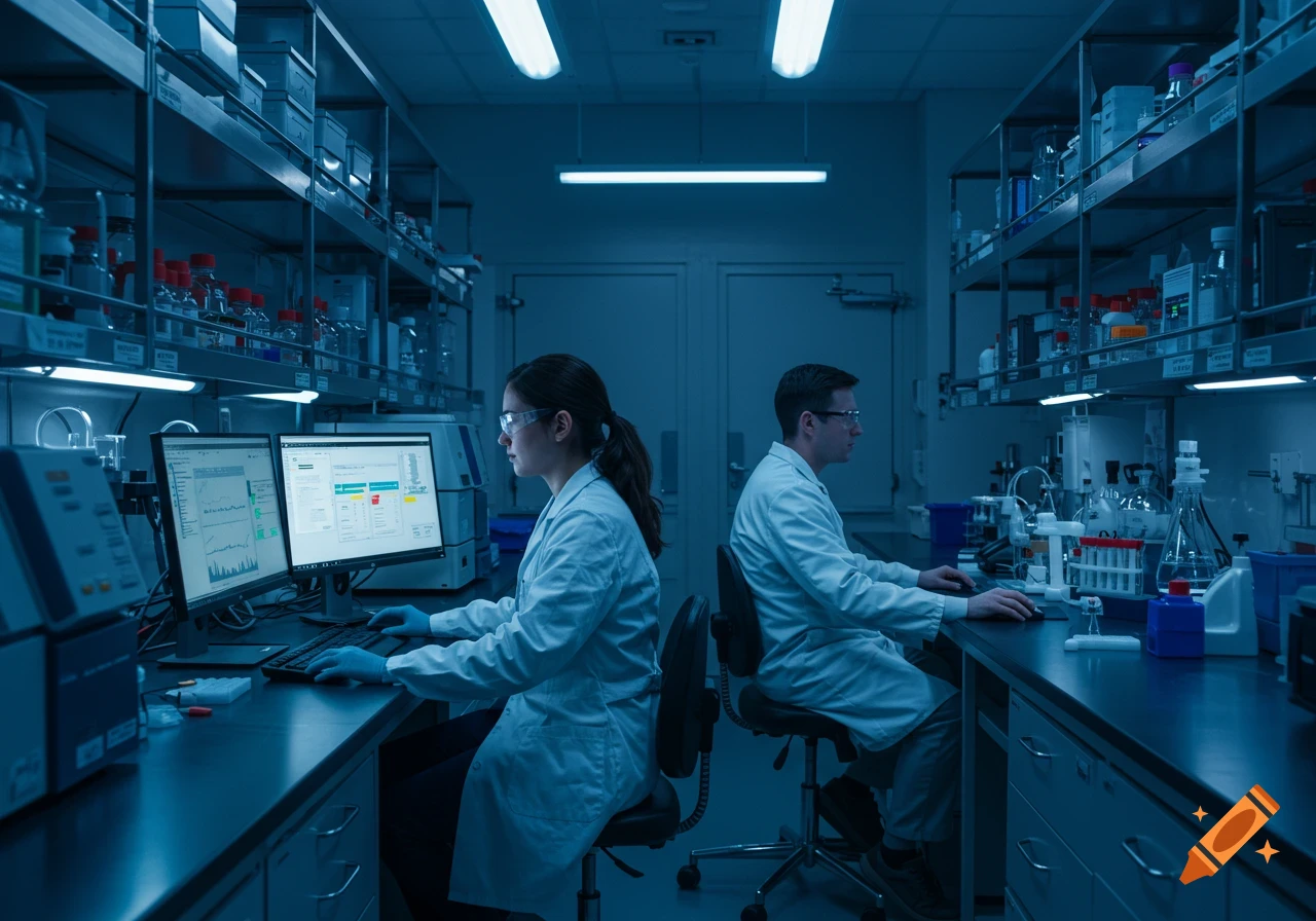 Two scientists in lab coats and safety glasses work on computers in a blue-lit laboratory, surrounded by equipment.