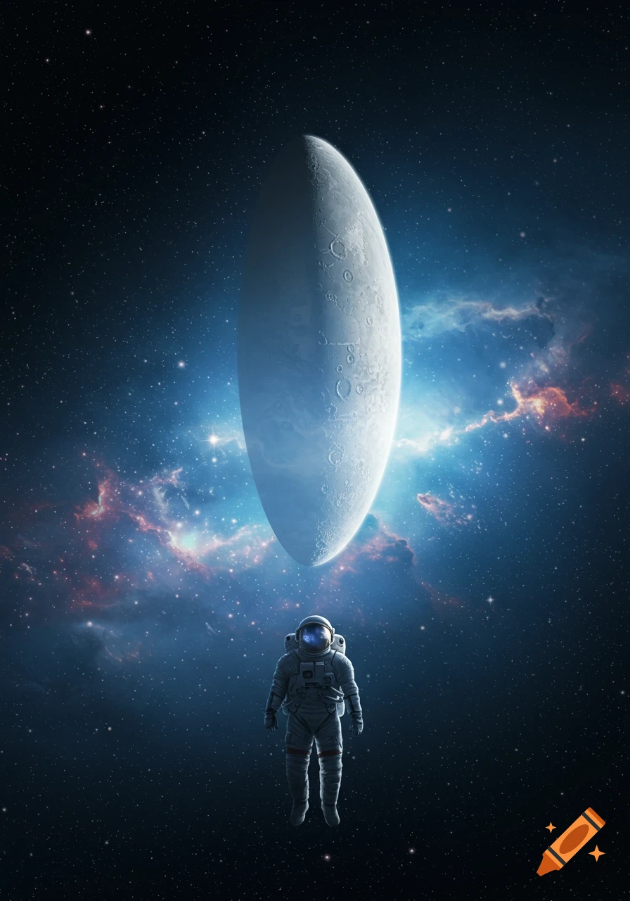 An astronaut floats in space with a crescent moon-like ellipse glowing behind them amidst nebulae and stars.