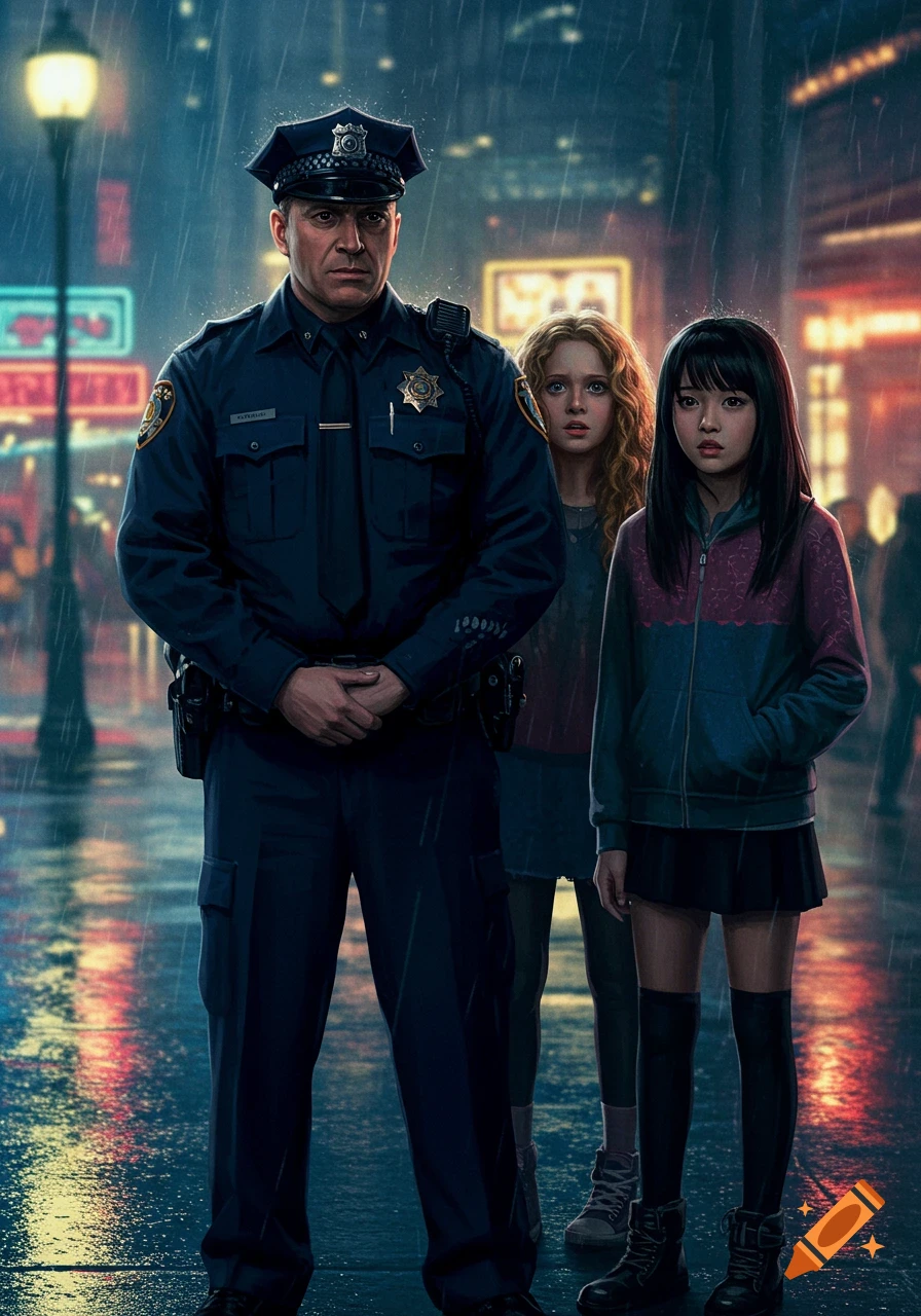 A stern police officer stands in the rain in a city street, looking forward, while two young girls stand behind him with worried expressions. Photorealistic style.