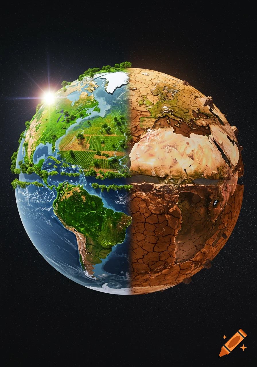 A conceptual image of Earth split in half, one side vibrant green with lush landscapes and blue oceans, the other side barren, dry, and cracked brown.