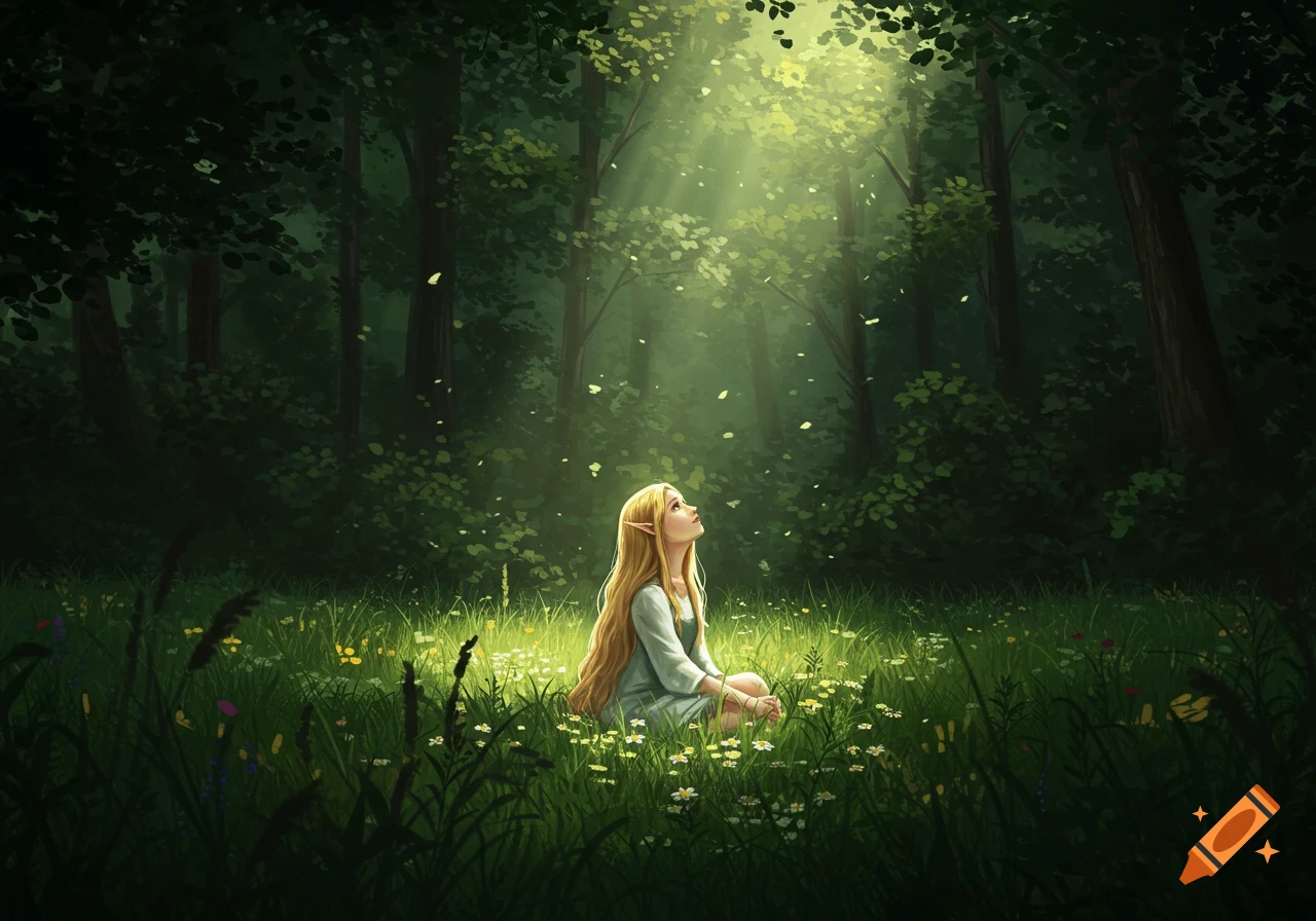 An elf-like girl with long blonde hair sits in a sunlit forest clearing, looking up at light rays filtering through the trees, digital art.
