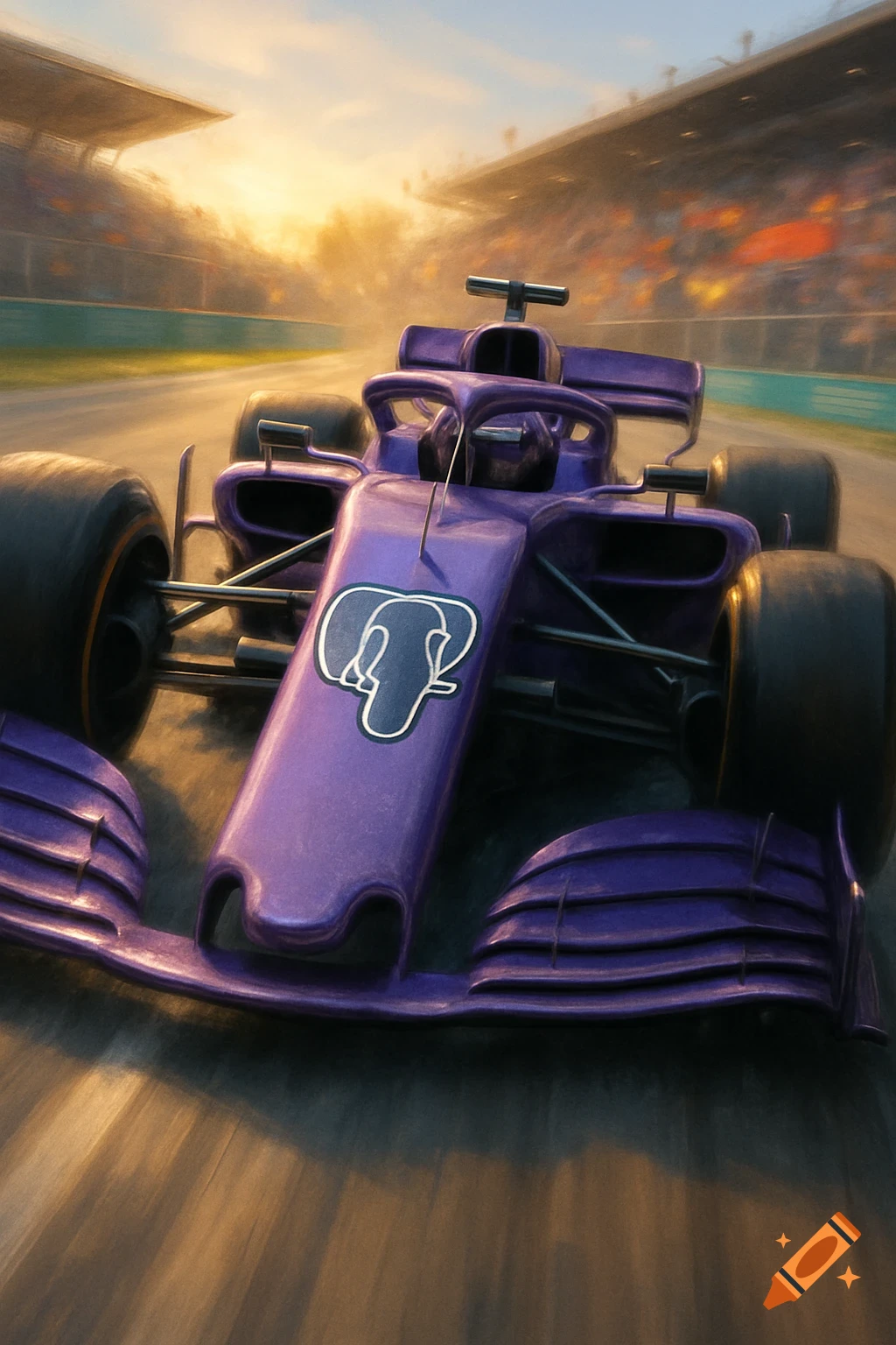 A purple F1 racing car with an elephant logo on its nose speeds around a track at sunset, with spectators in the stands.