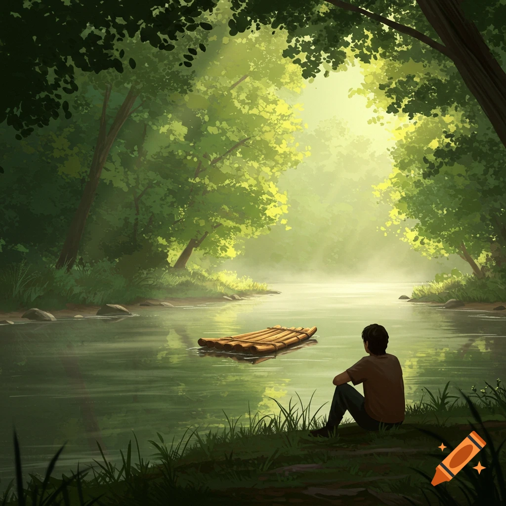 A person sits on the grassy bank of a tranquil river, watching a wooden raft float by amidst lush green trees and a misty glow.