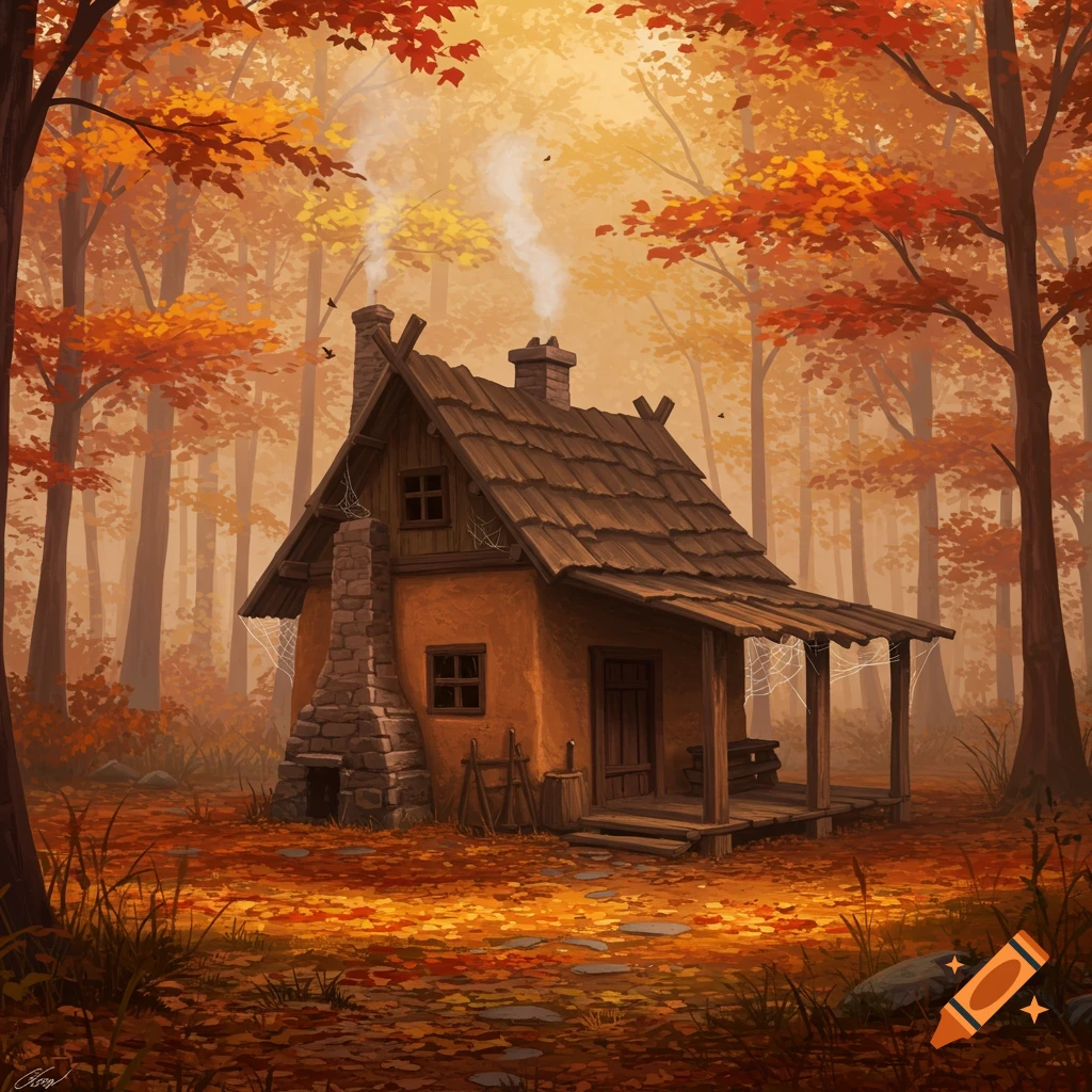 An illustrated cozy cabin with a smoking stone chimney in an autumnal forest, vibrant orange and red leaves covering the ground.