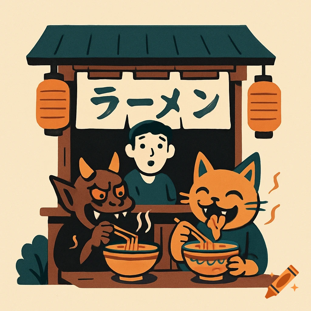 A whimsical flat illustration of a Japanese ramen stall with a man serving a devil and a cat eating ramen.