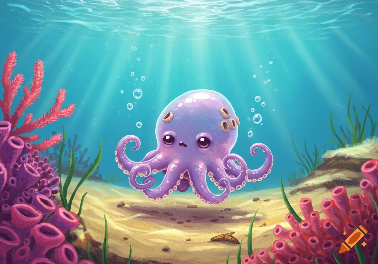 A cute purple octopus with barnacles floats in a vibrant blue underwater scene with colorful coral and plants, lit by sunbeams.