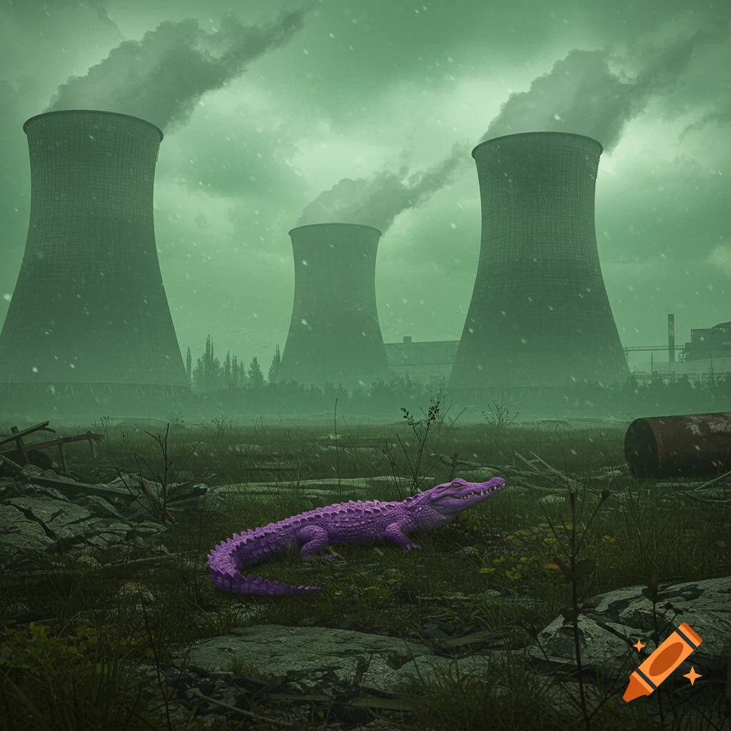 A purple crocodile in a desolate, grassy landscape with three industrial cooling towers emitting green smoke under a dark sky.