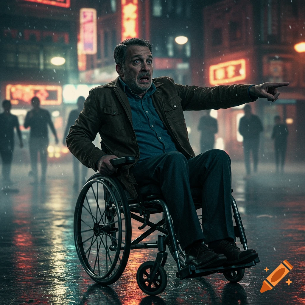 Scared man in a wheelchair points left on a rainy city street at night, blurred figures in the background. Photorealistic.
