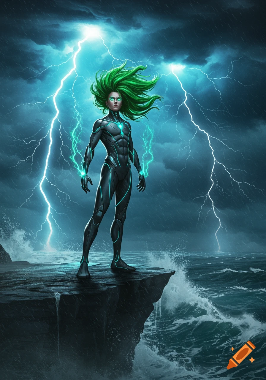 A green-haired superhuman in a dark suit with glowing blue lines stands on a cliff during a stormy night with lightning.