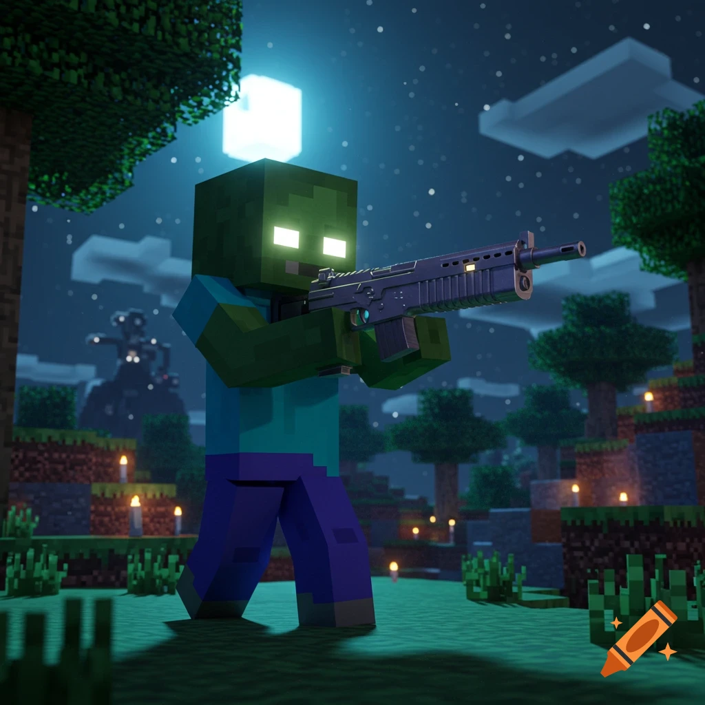 A Minecraft zombie with glowing eyes holds a realistic assault rifle in a dark, blocky forest under a square moon.