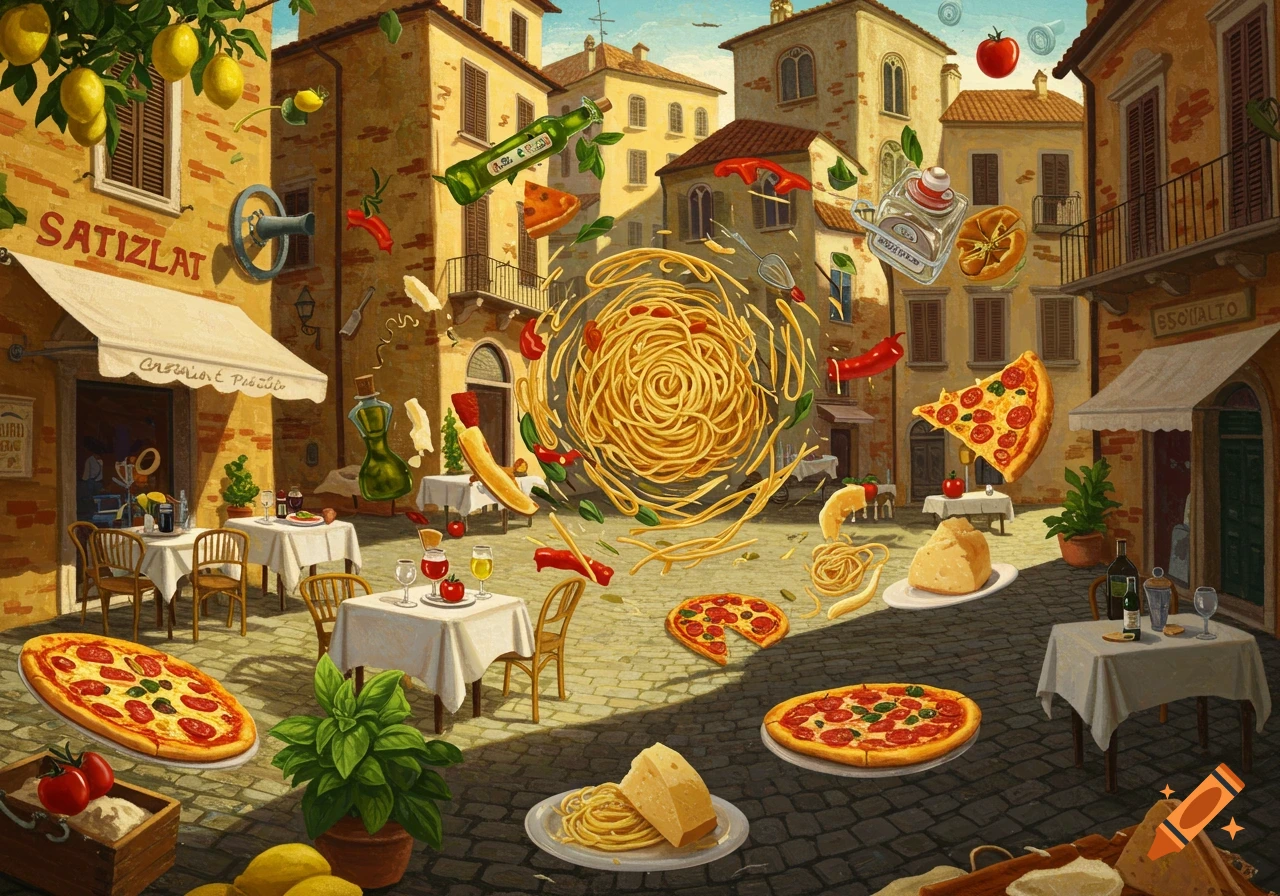 A vibrant, stylized Italian street scene with pasta, pizzas, cheese, lemons, and other ingredients floating chaotically in the air. Outdoor restaurant tables are set along a cobblestone street with rustic buildings.