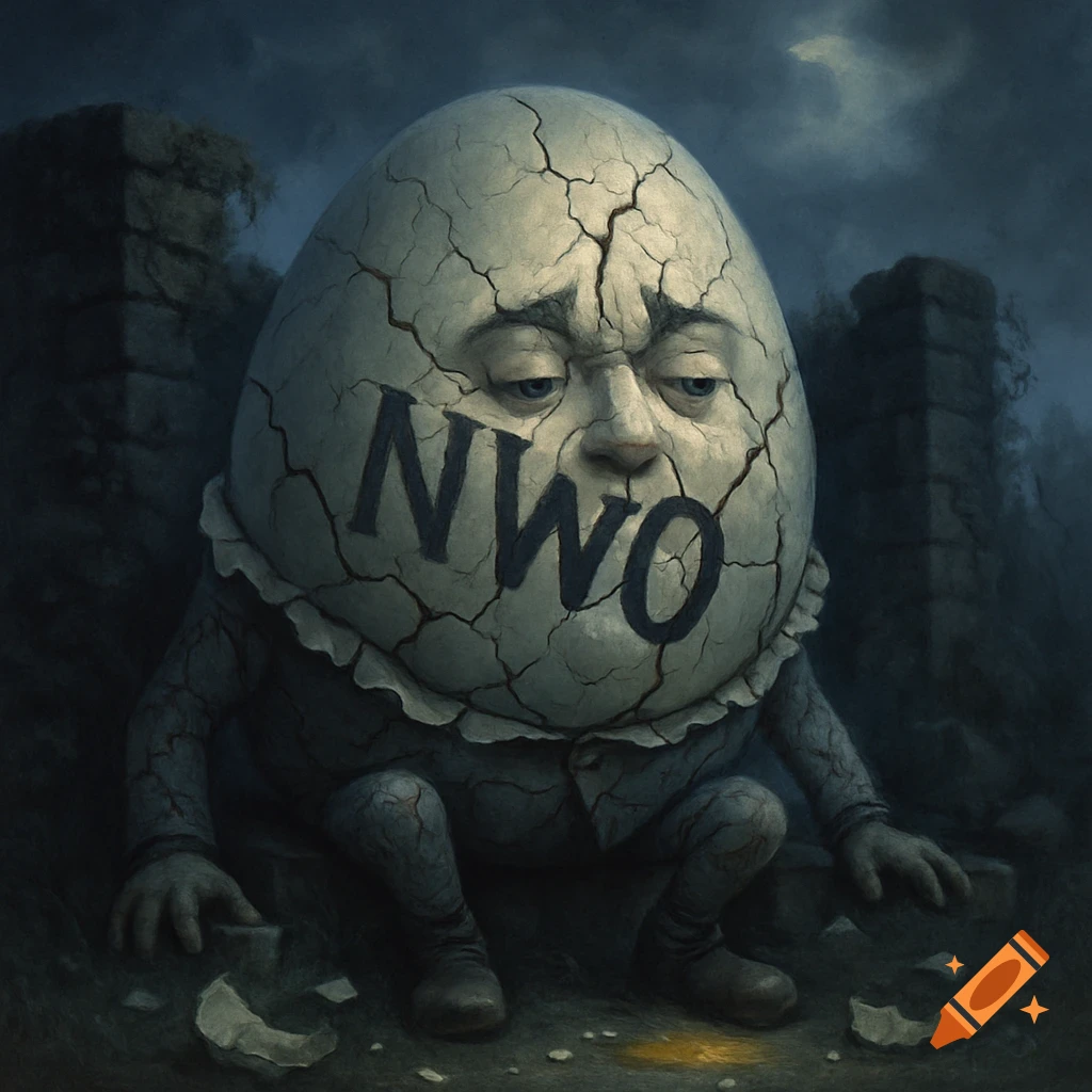 A cracked Humpty Dumpty with a sad face and 'NWO' on his shell sits amidst ruins under a dark sky.