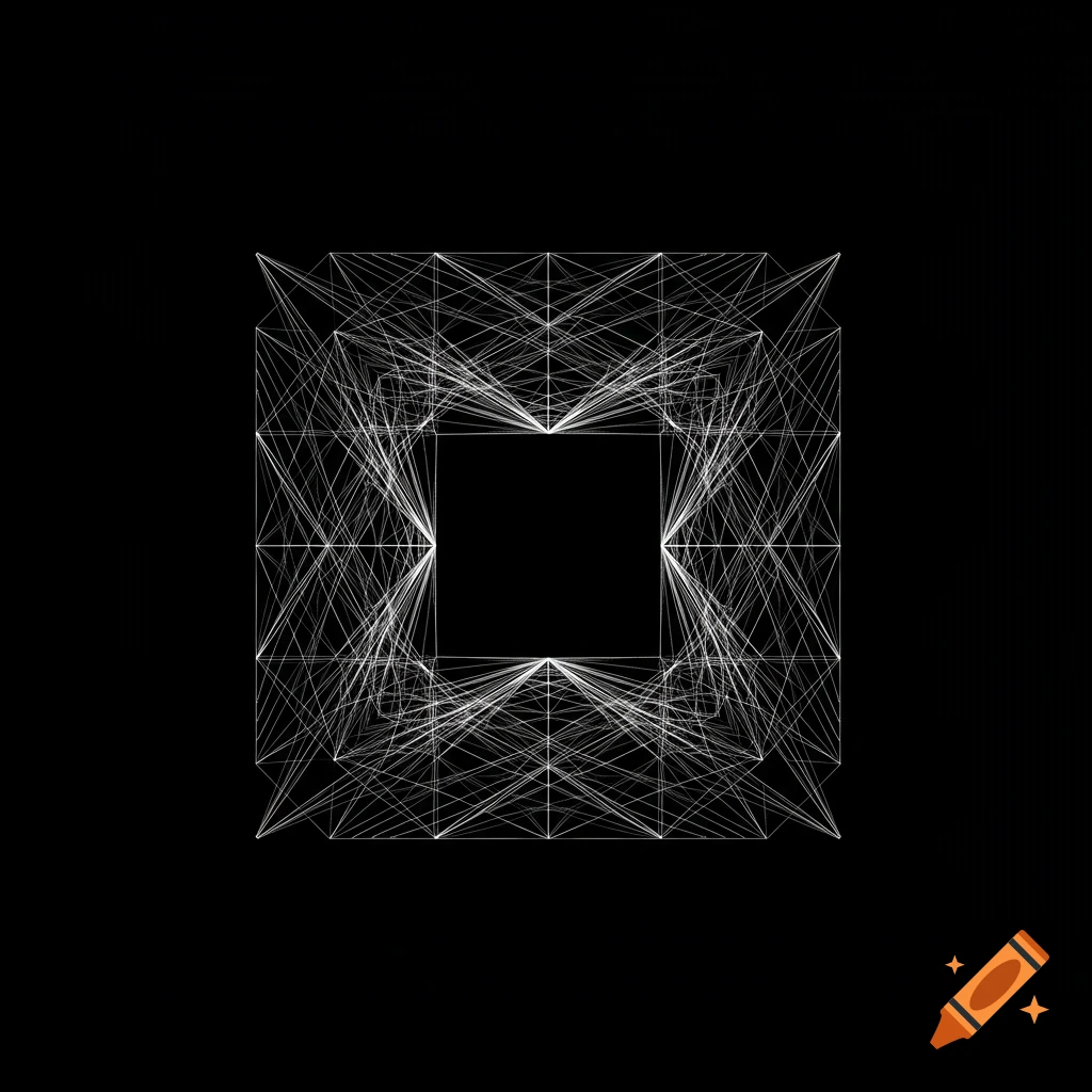 A complex white wireframe geometric square design against a black background.