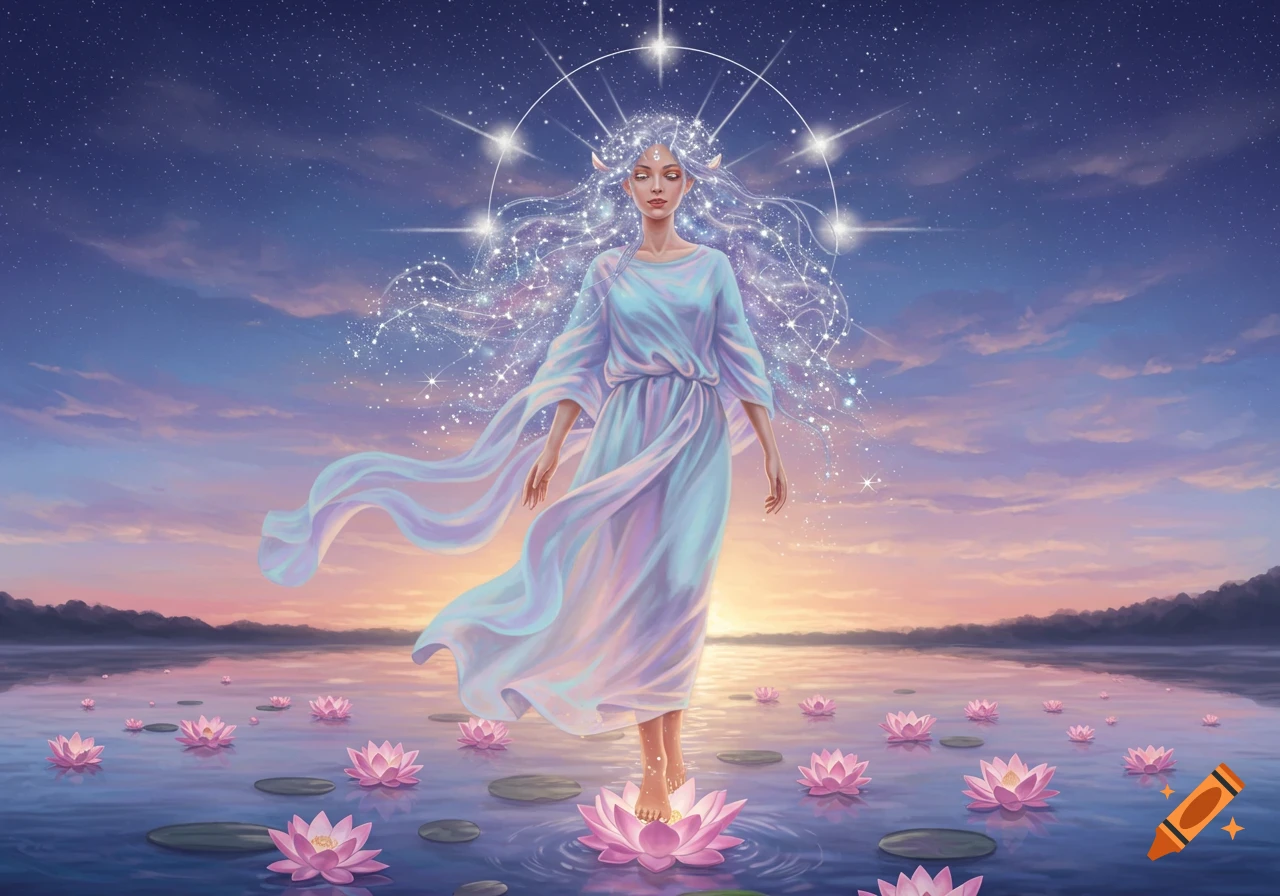A radiant woman with sparkling hair and a flowing gown stands on a pink lotus in a lake under a starry twilight sky with many lotus flowers.