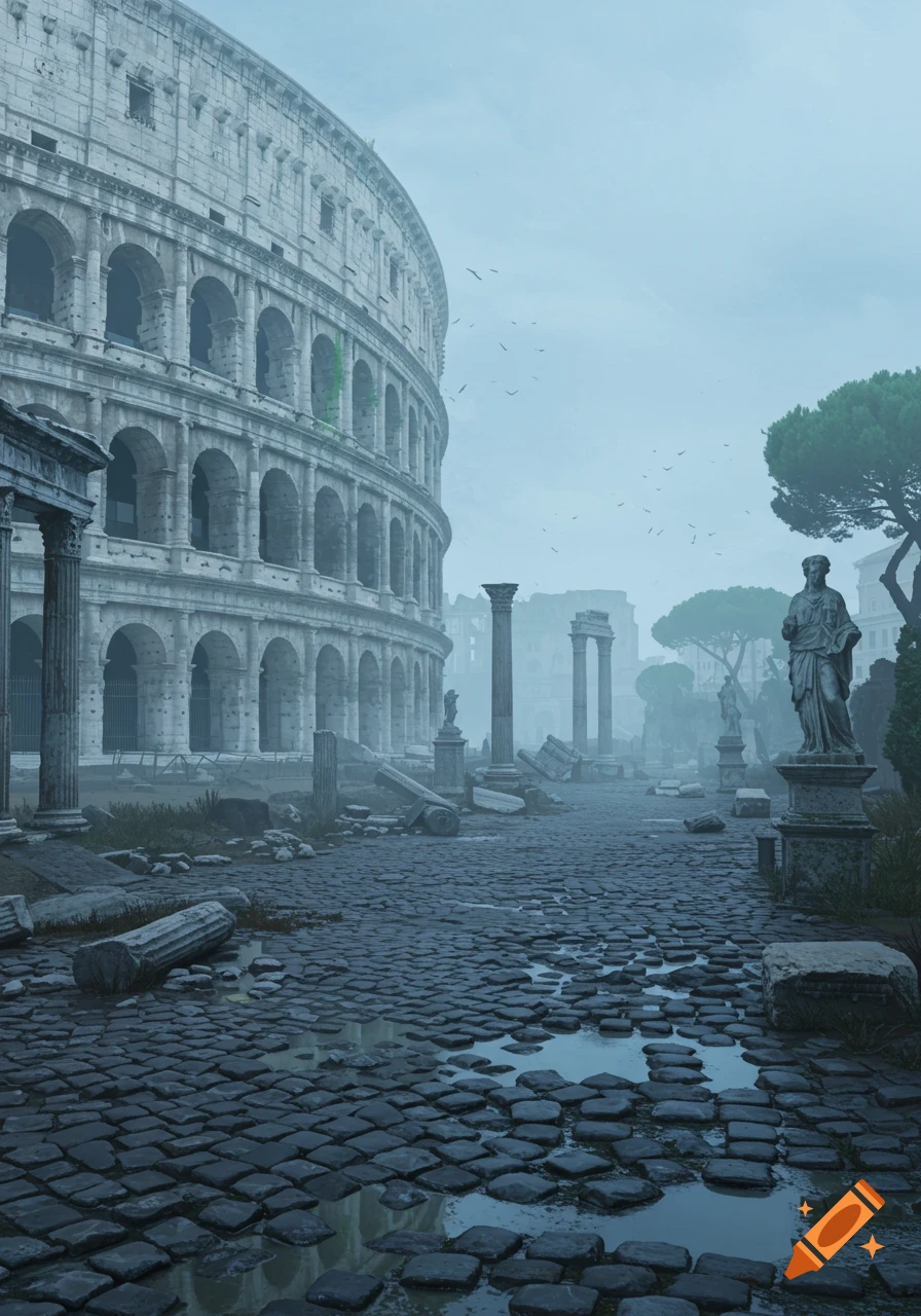 The ancient Colosseum and Roman ruins on a cobblestone path under a misty, blue sky.