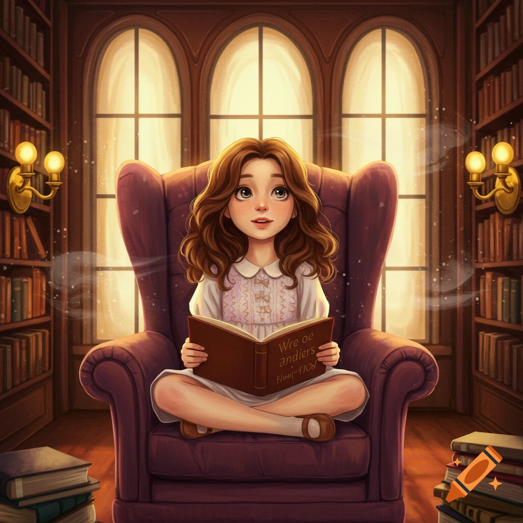 A cute, brown-haired girl in a white dress reads a book while sitting in a purple armchair in a cozy library.