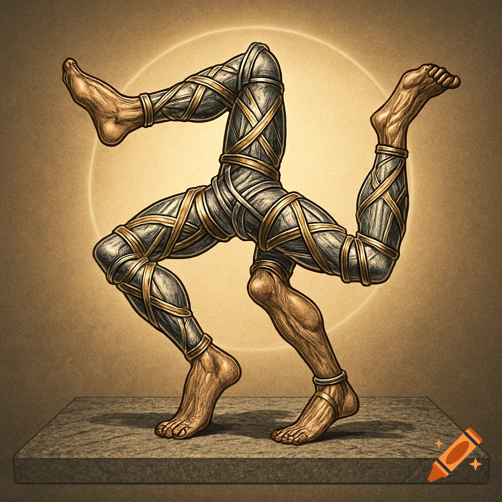 A stylized Triskelion symbol showing three and a half human legs wrapped in metallic bands, on a stone base with a glowing halo.