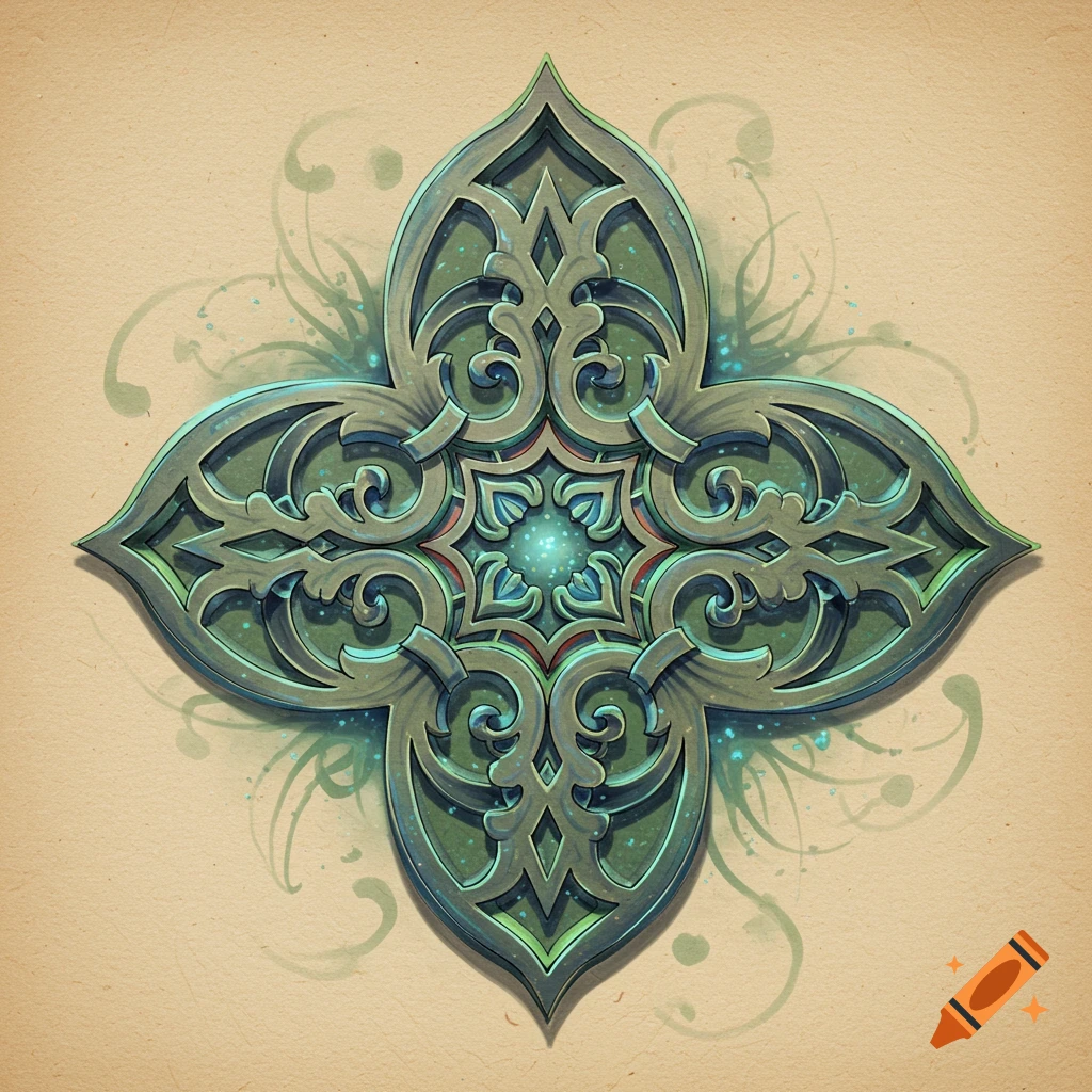 Ornate metallic emblem with a glowing blue center, set against a textured beige background with green swirls.