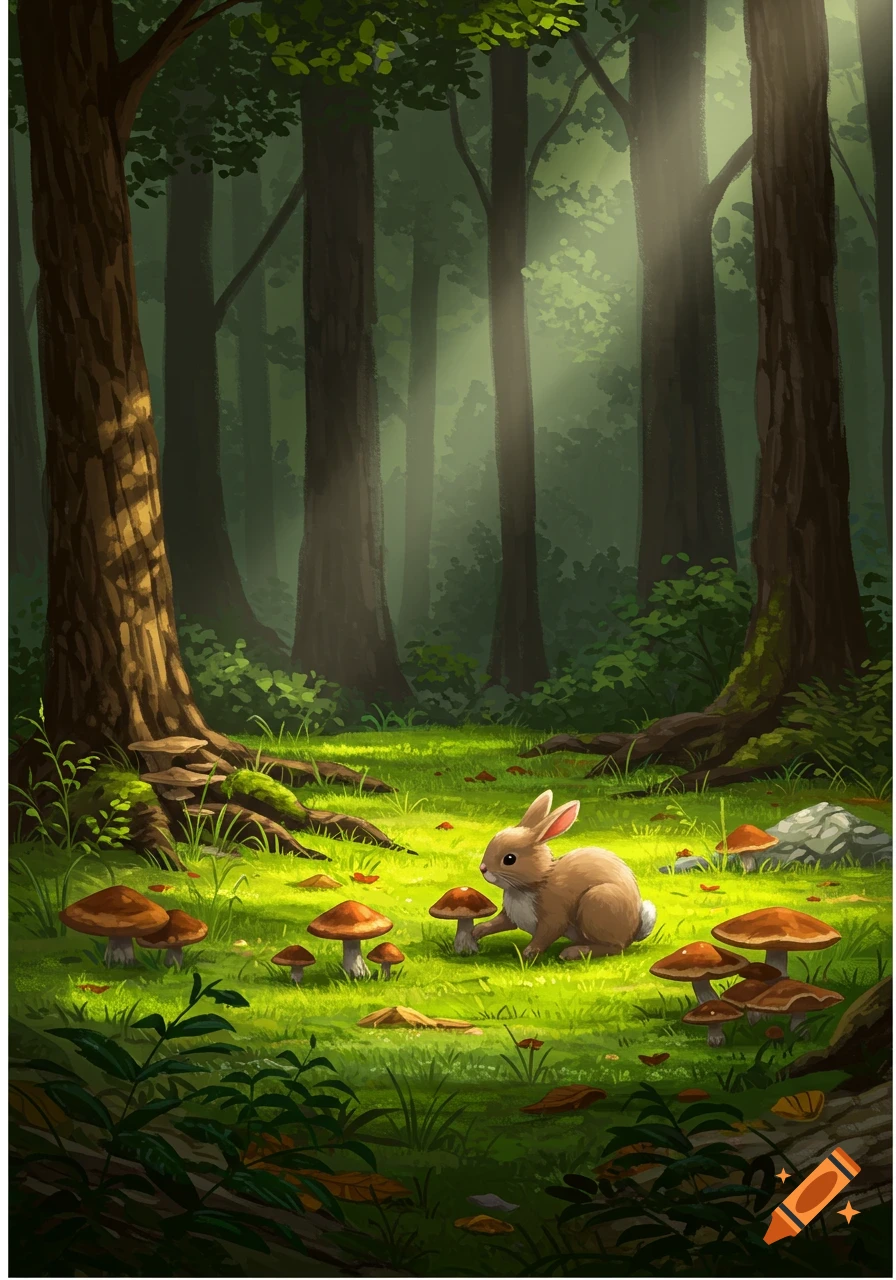 An illustrated brown rabbit sits in a sunlit forest clearing filled with green grass and various mushrooms.