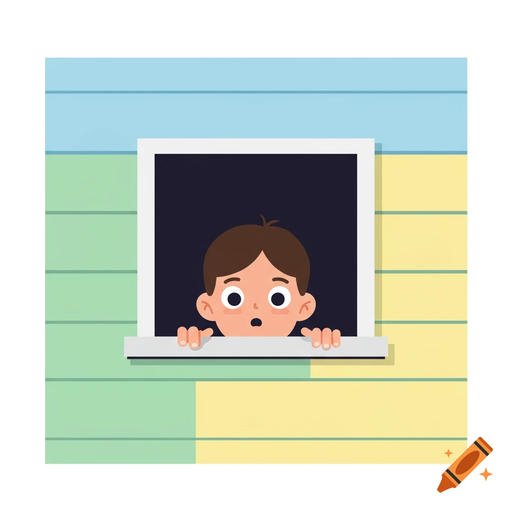 Cartoon illustration of a boy with wide eyes and brown hair peeking out of a window, with his hands gripping the sill.