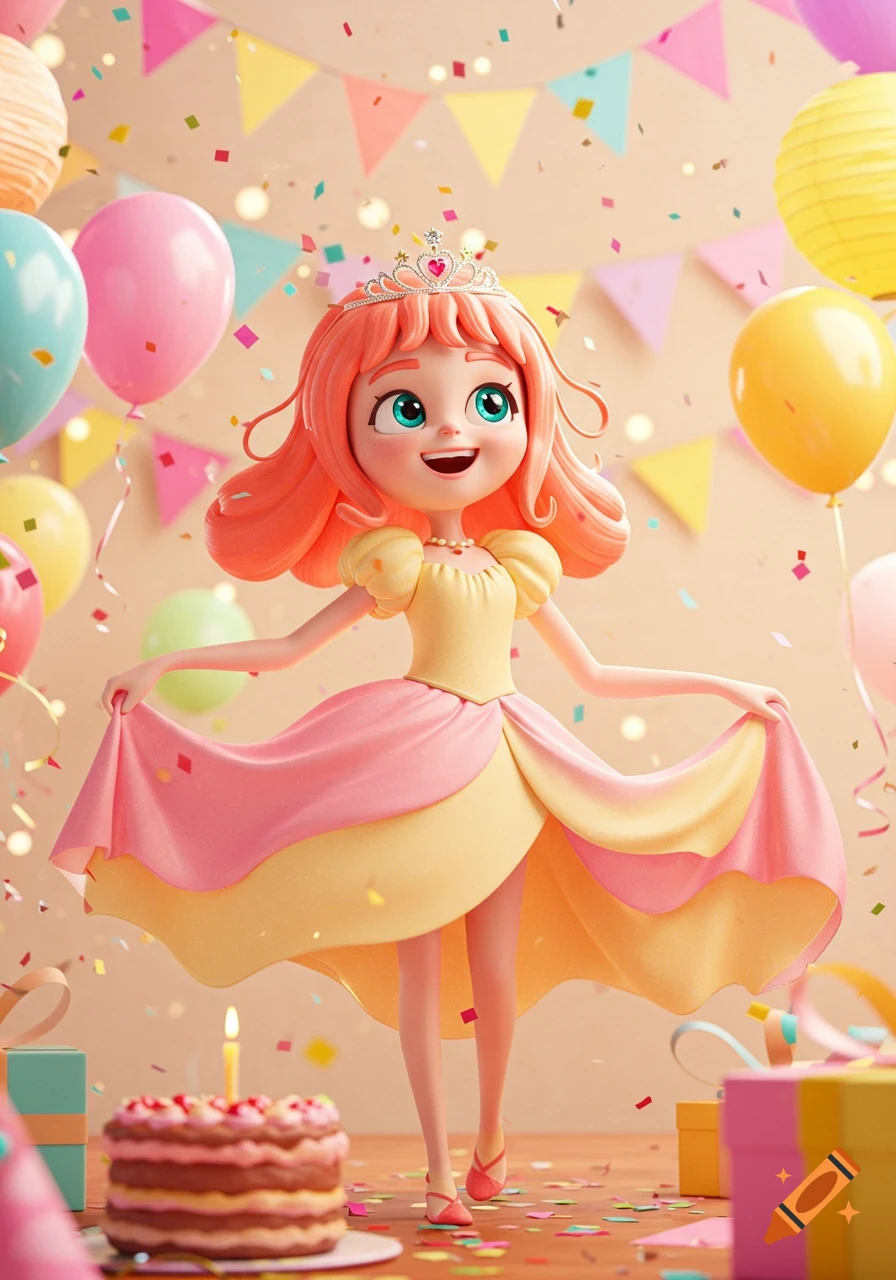 A vibrant 3D cartoon princess with pink hair and a crown smiles happily at a birthday party, surrounded by balloons, confetti, and cake.
