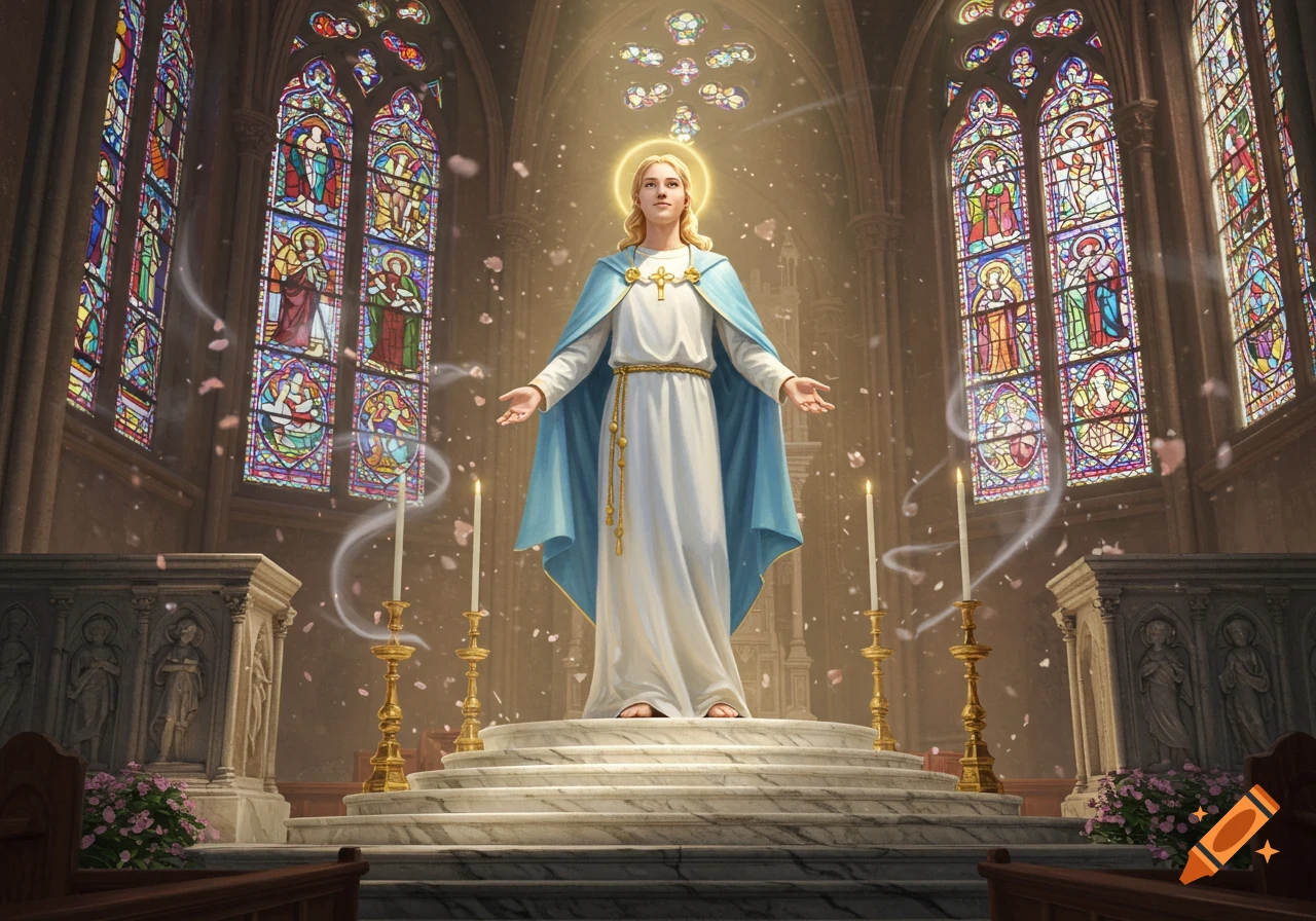 A radiant saint-like figure in white and blue robes stands in a grand church, light streaming through stained glass windows.