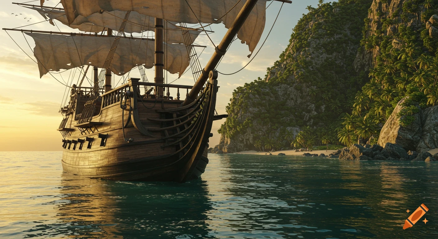 A realistic image of a pirate galleon sailing near a lush tropical island with a sandy beach at sunset.