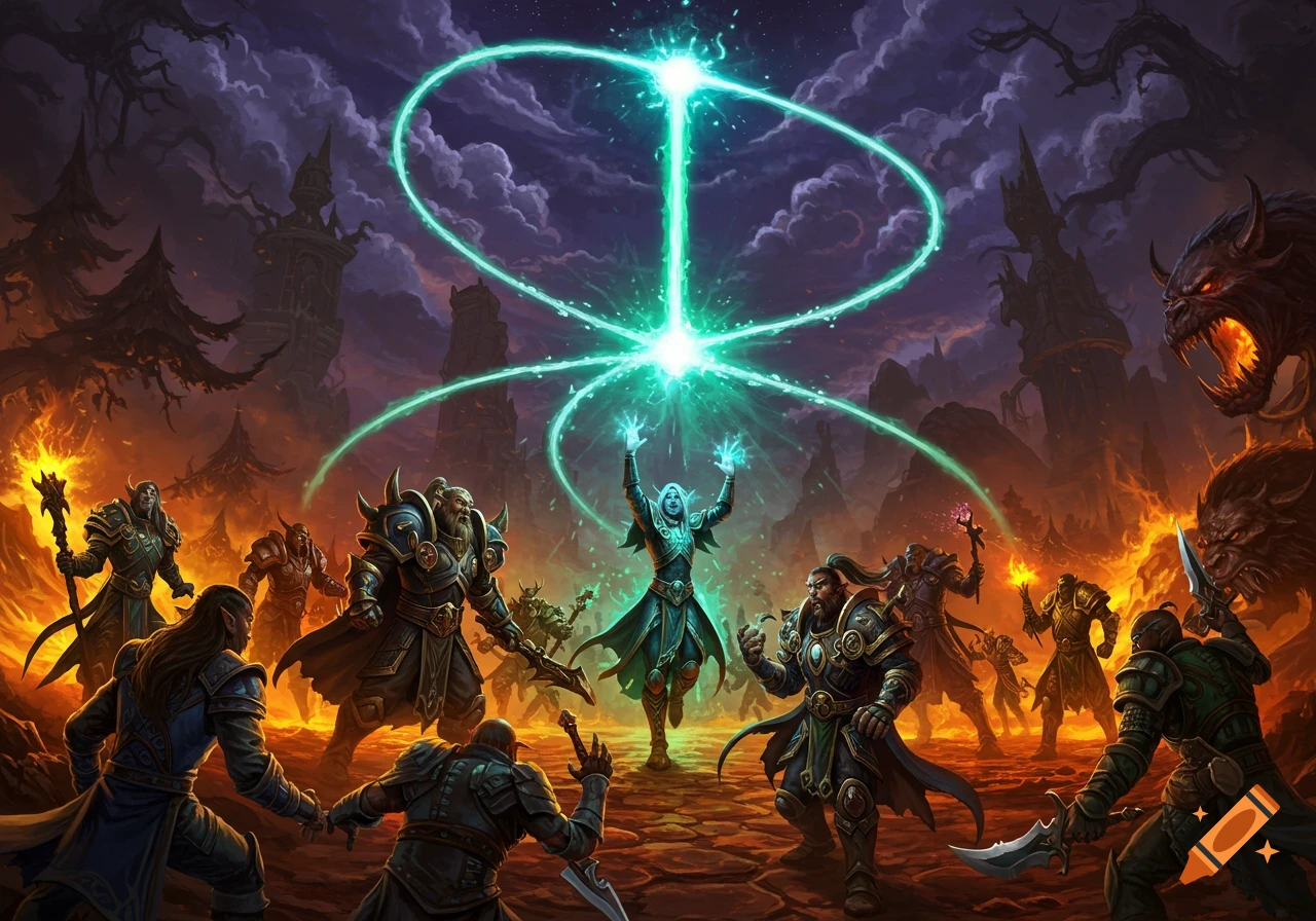 Fantasy warriors and a mage with glowing hands cast a powerful green energy spell amidst fire and monsters in a dark, stylized landscape.