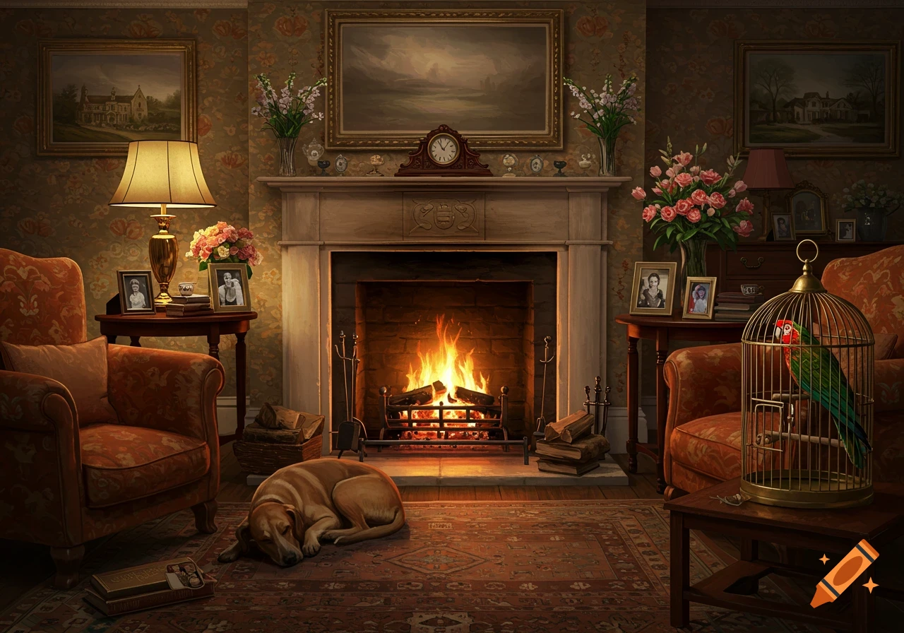 A warm and cozy British living room with a lit fireplace, a sleeping brown dog on the rug, and a parrot in a cage. Elegant furniture, paintings, and flower arrangements complete the scene.