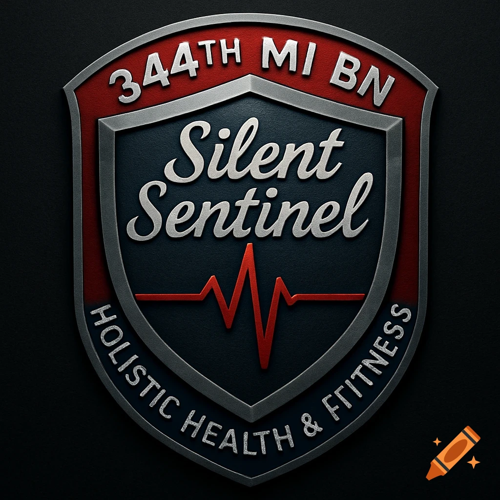 A metallic shield badge with '344TH MI BN Silent Sentinel Holistic Health & Fitness' and a red heartbeat line.