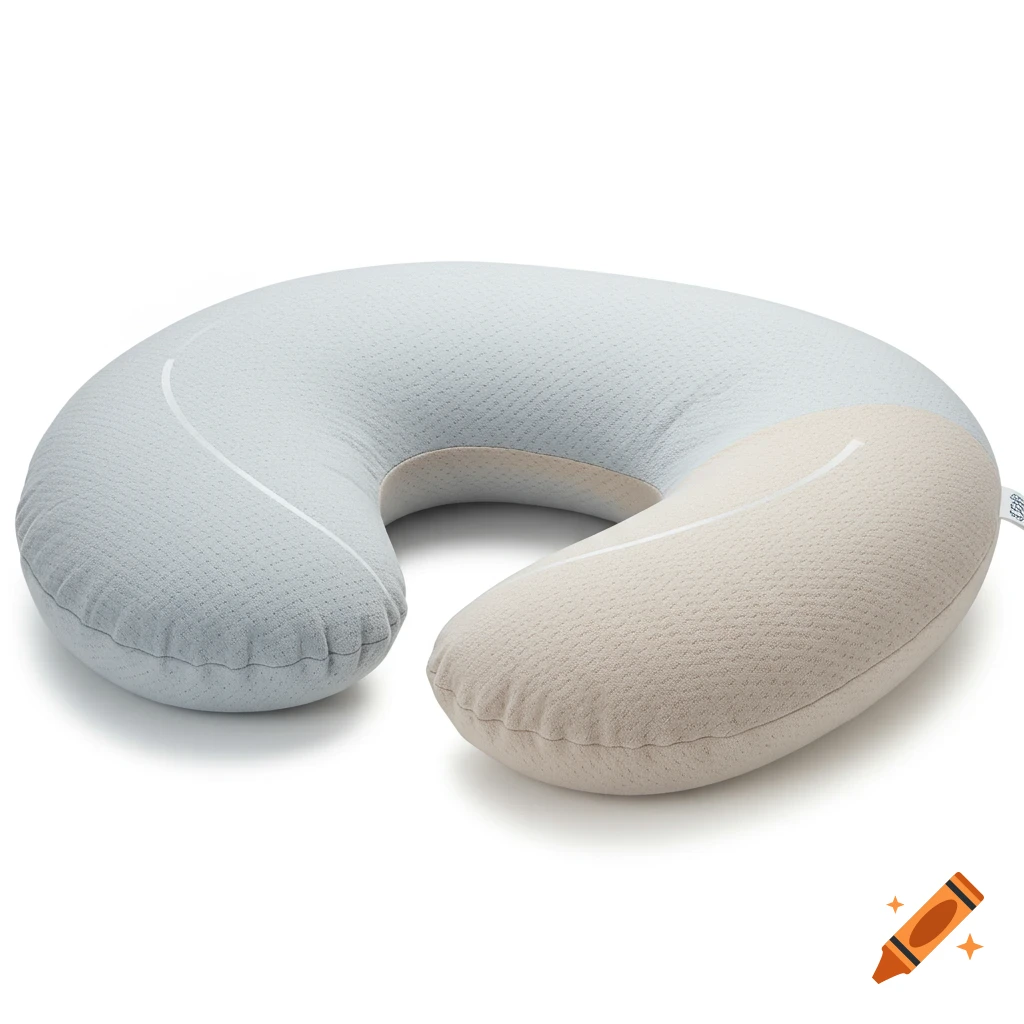 A two-toned, U-shaped pregnancy pillow in light blue and beige on a white background, studio shot.