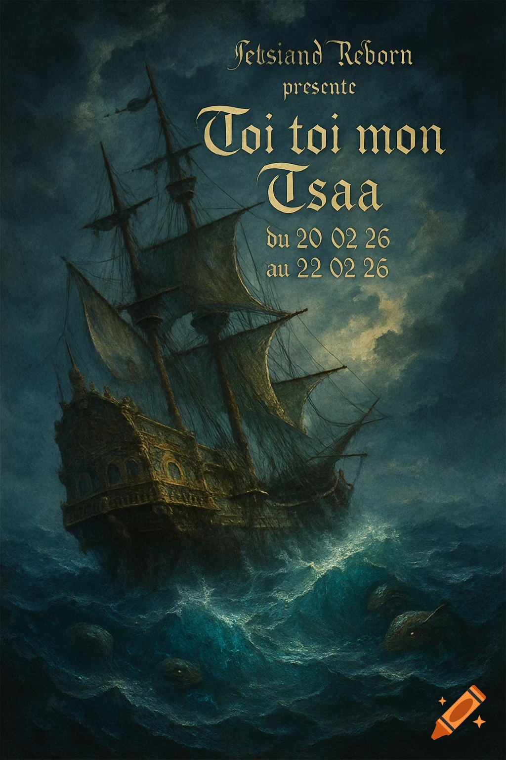 A dark fantasy painting of a galleon in stormy seas with event text 'Felisland Reborn presente Toi toi mon Tsaa' and dates.