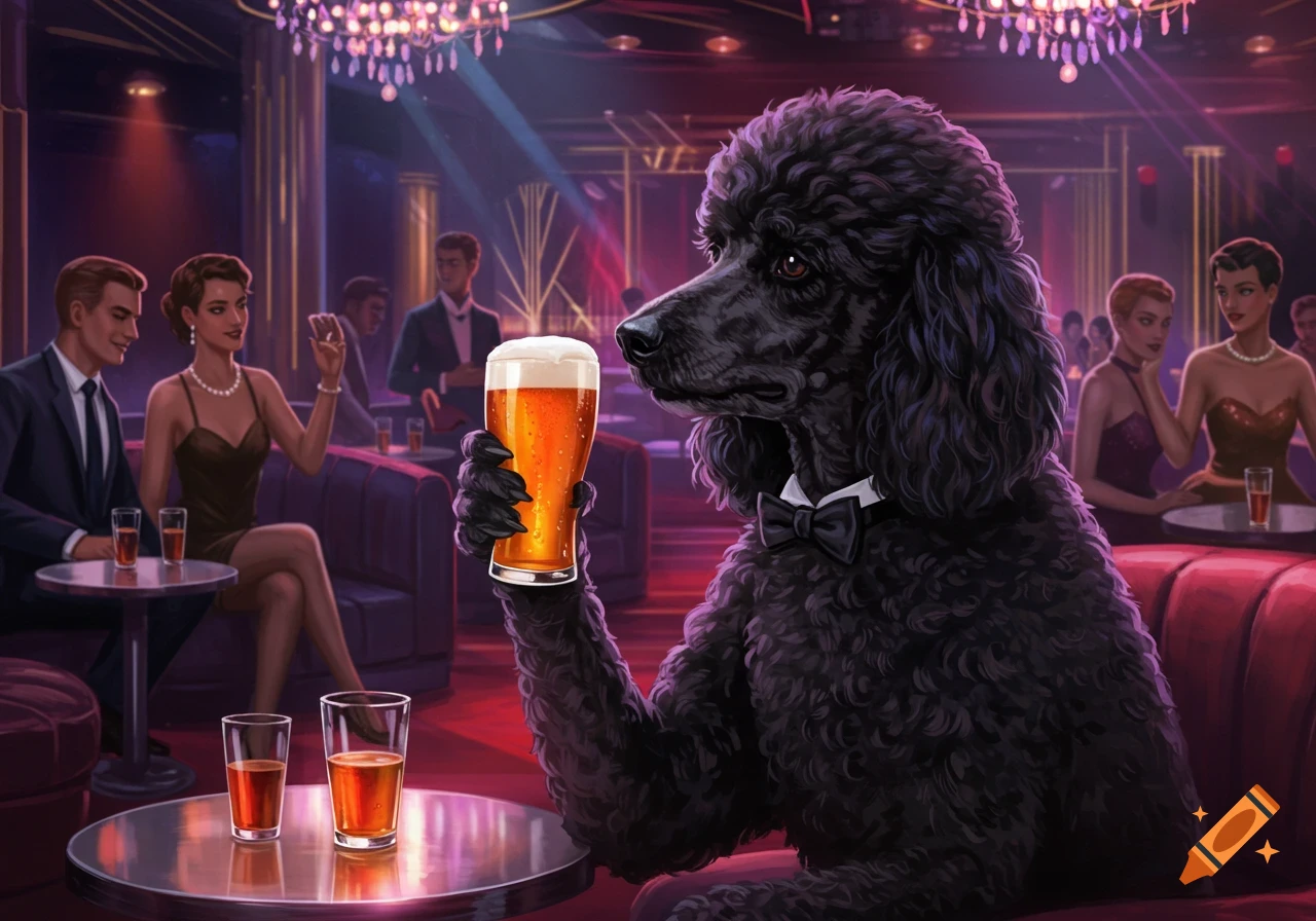 A sophisticated black standard poodle wearing a bow tie drinks a pint of beer at a fancy club with other patrons.