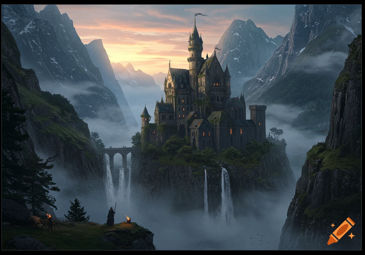 A majestic fantasy castle stands atop a misty mountain peak, surrounded by waterfalls and rugged terrain under a dramatic sunset.