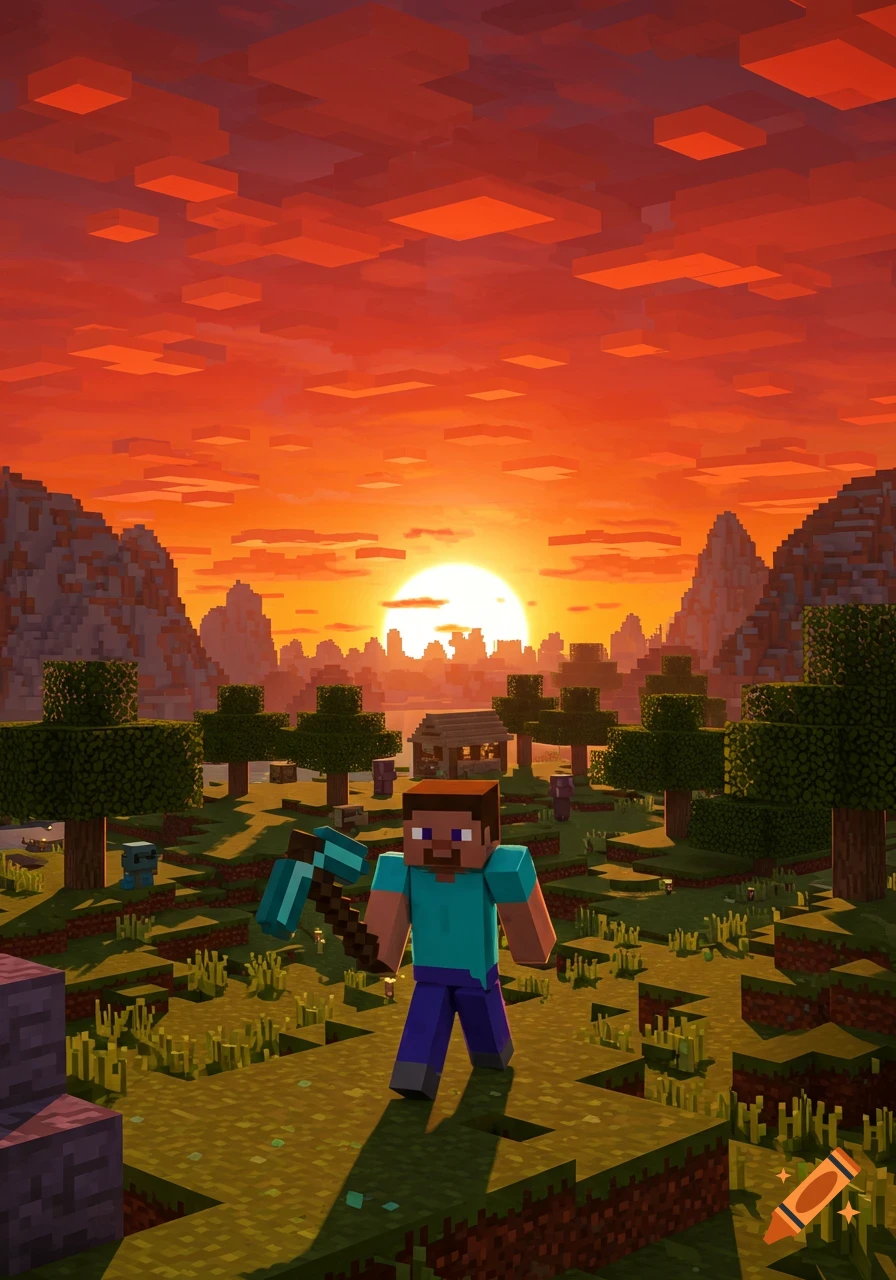 Minecraft character Steve holding a pickaxe in a blocky landscape with trees and mountains, under a vibrant orange sunset.