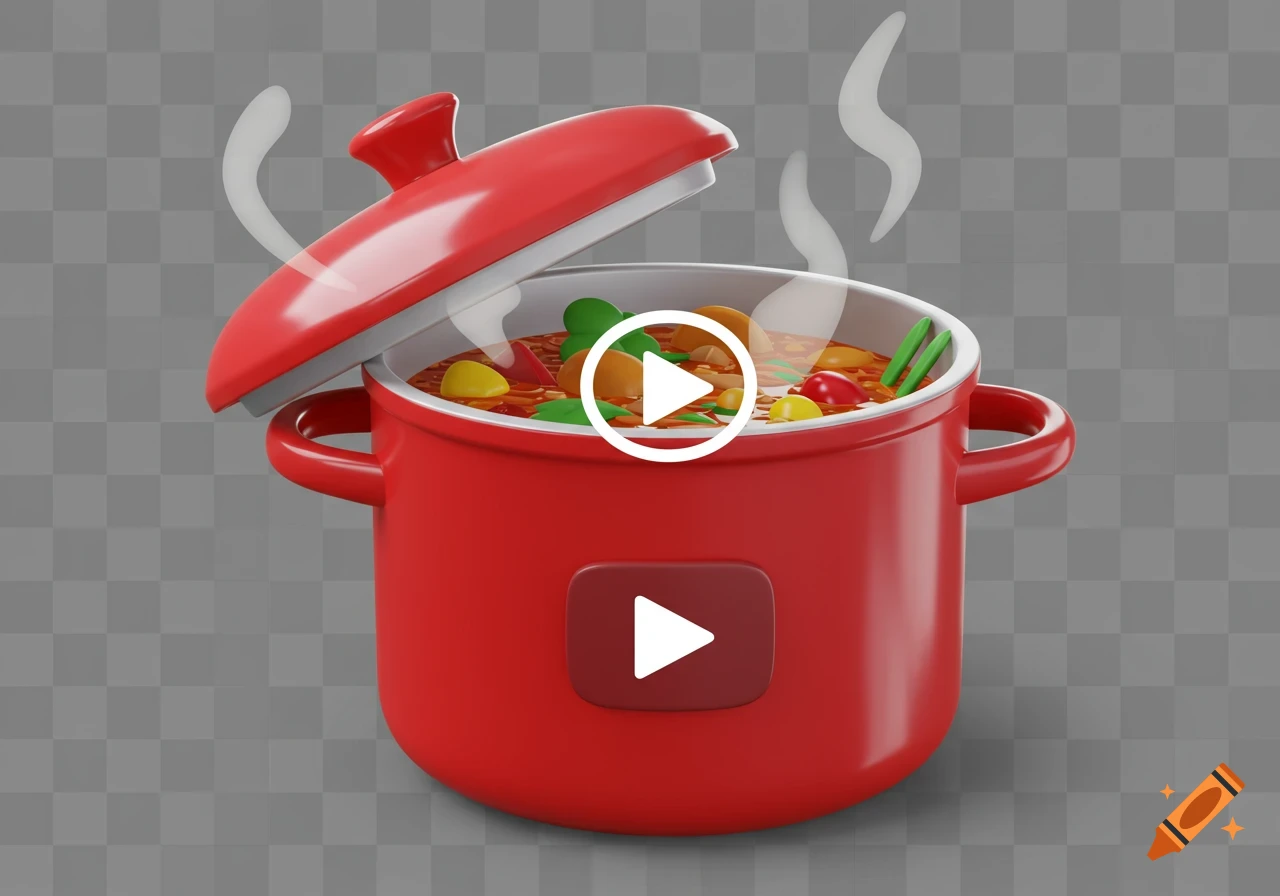 A glossy red cartoon cooking pot with a half-open lid, colorful food inside, steam, and two YouTube play buttons, on a transparent background.
