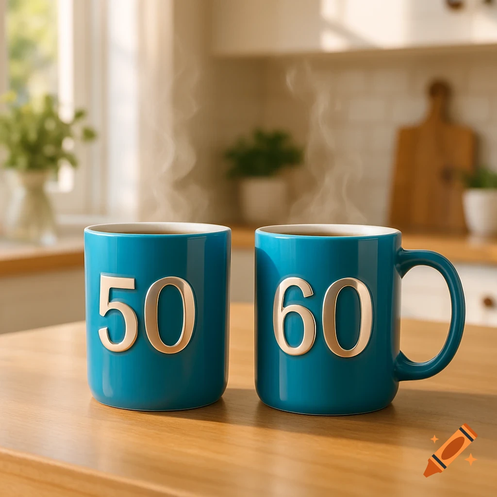 Two steaming blue coffee mugs, one with "50" and the other with "60", sit on a wooden table in a sunny kitchen.