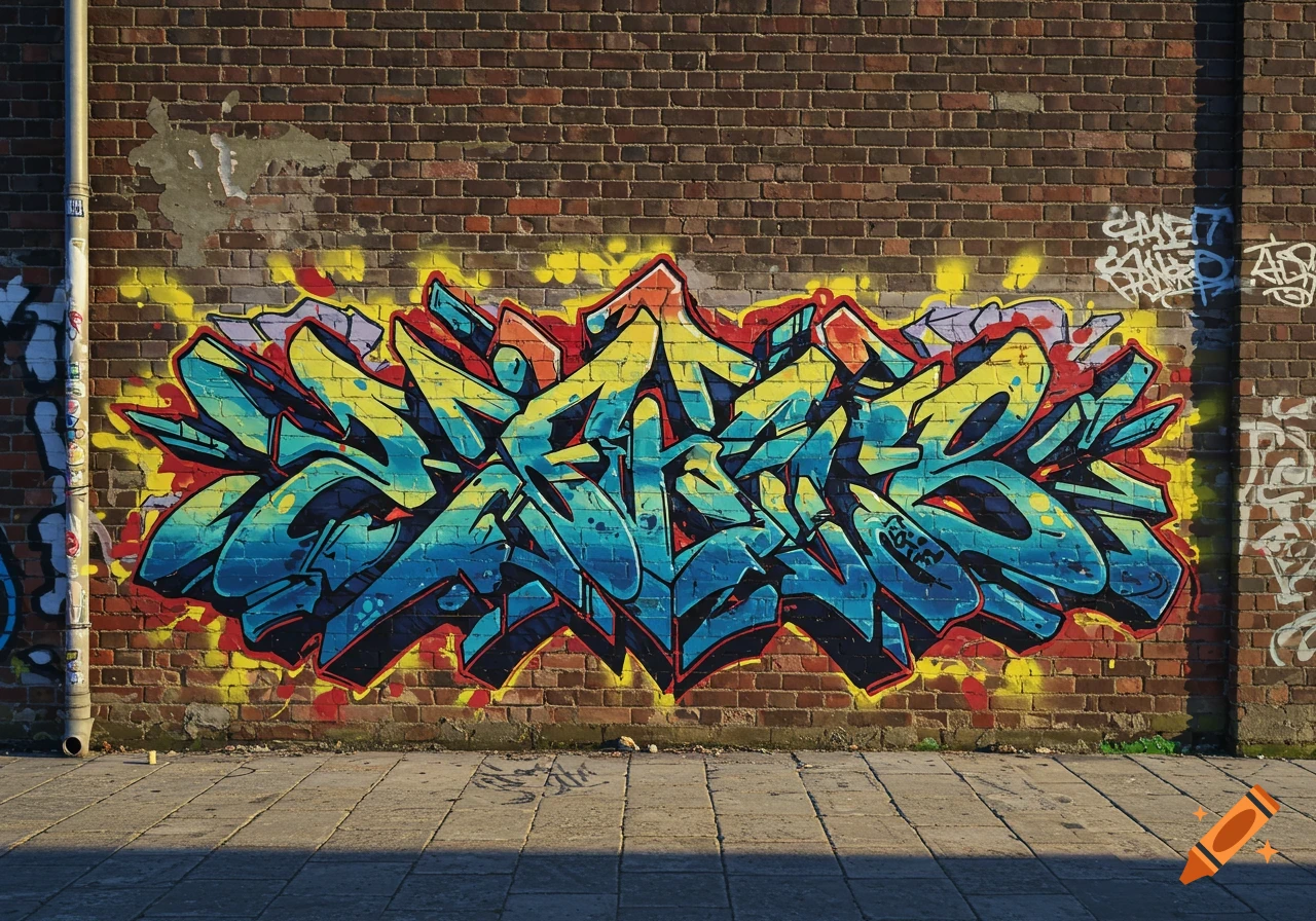 A vibrant, stylized graffiti mural in blue, yellow, and red covers a brick wall above a concrete sidewalk.