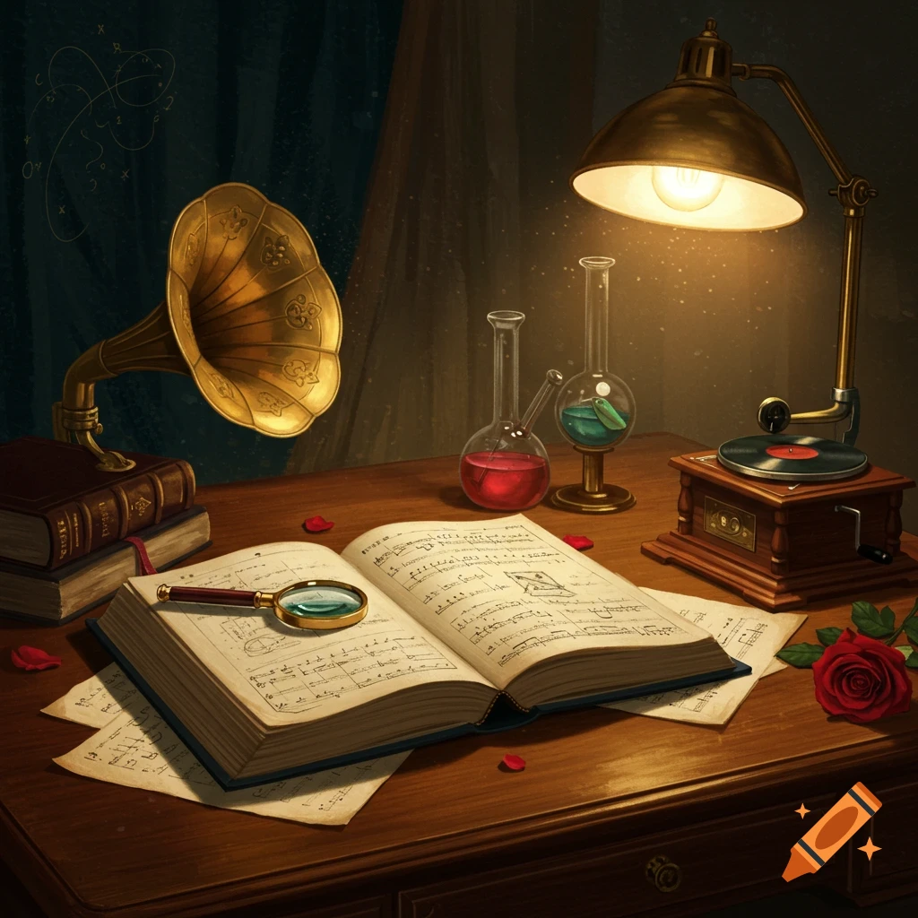 A vintage desk with an open book, magnifying glass, gramophone, beakers, a desk lamp, and a red rose, in a dramatic lighting style.