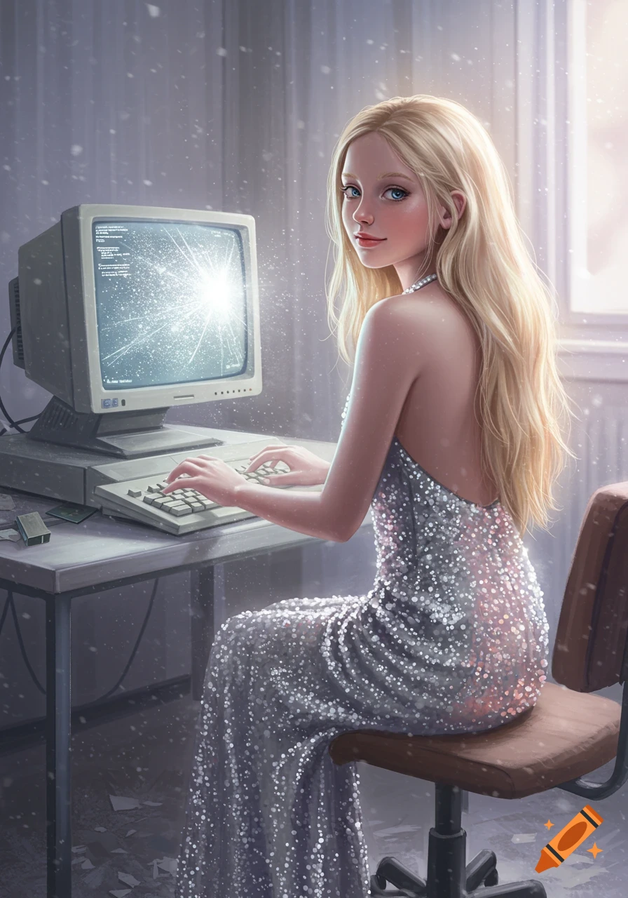 Digital art of a blonde woman in a backless sequin dress typing on a broken computer, looking back at the viewer.