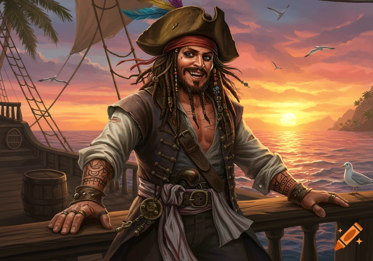 Digital art of a smiling pirate resembling Jack Sparrow on a ship at sunset, with an ocean and islands.